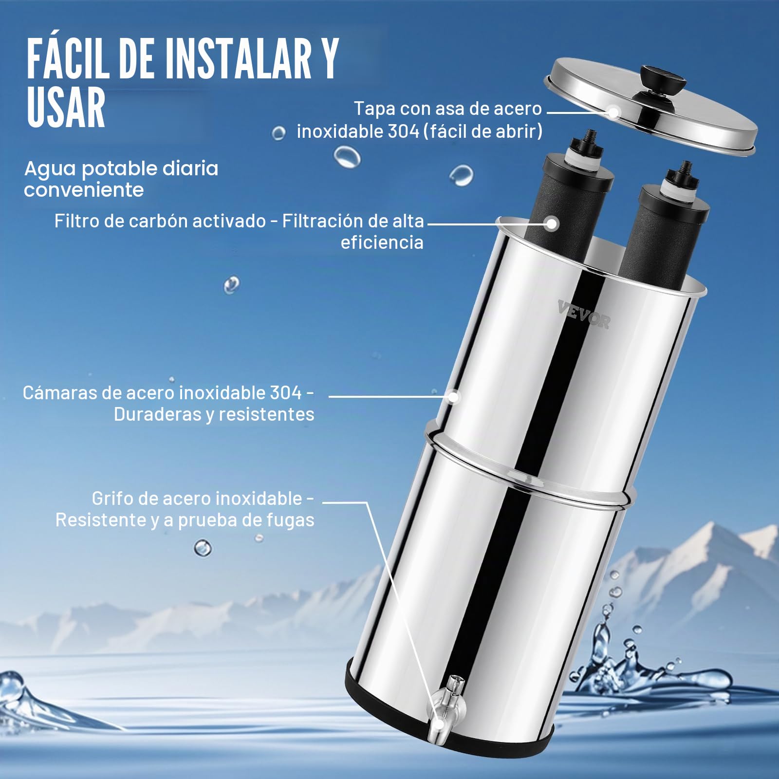 VEVOR Sistema de Filtración de Agua por Gravedad 5,5 L Filtro de Agua por Gravedad para Encimera Acero Inoxidable 304 Reduce Plomo y hasta 99% de Cloro con 2 Filtros de Carbón y Grifo para Hogar