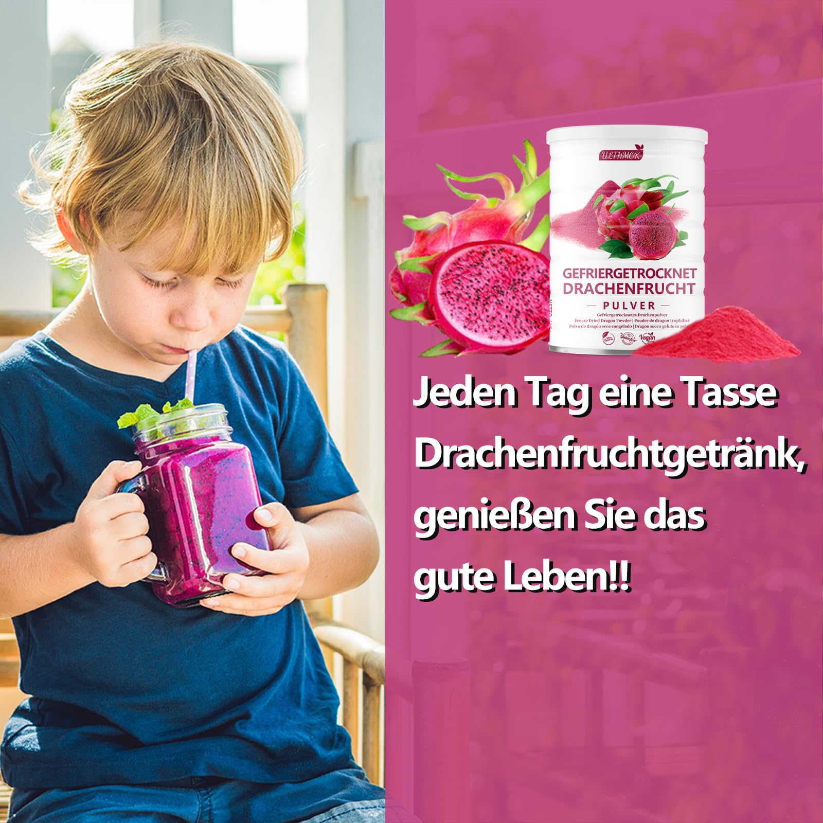 ULTHMOK Polvo Premium de Jugo de Pitaya 450g – Polvo de Pitaya de Secado por Atomización, Sin Azúcar Añadido