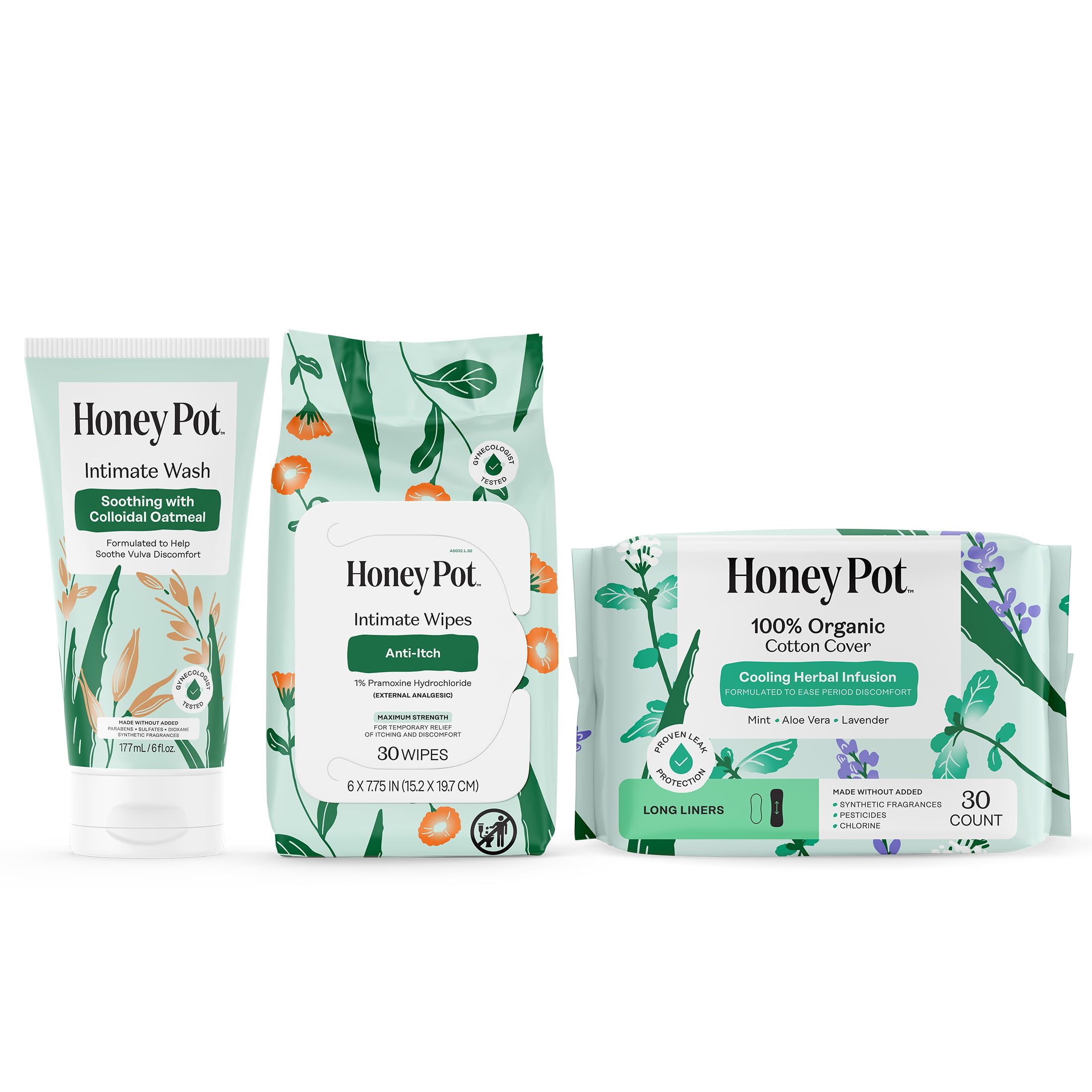 The Honey Pot Company - Anti-Itch Wash Wipes Herbal Long Liners Bundle - Ultra Mild Temporary Itch Relief