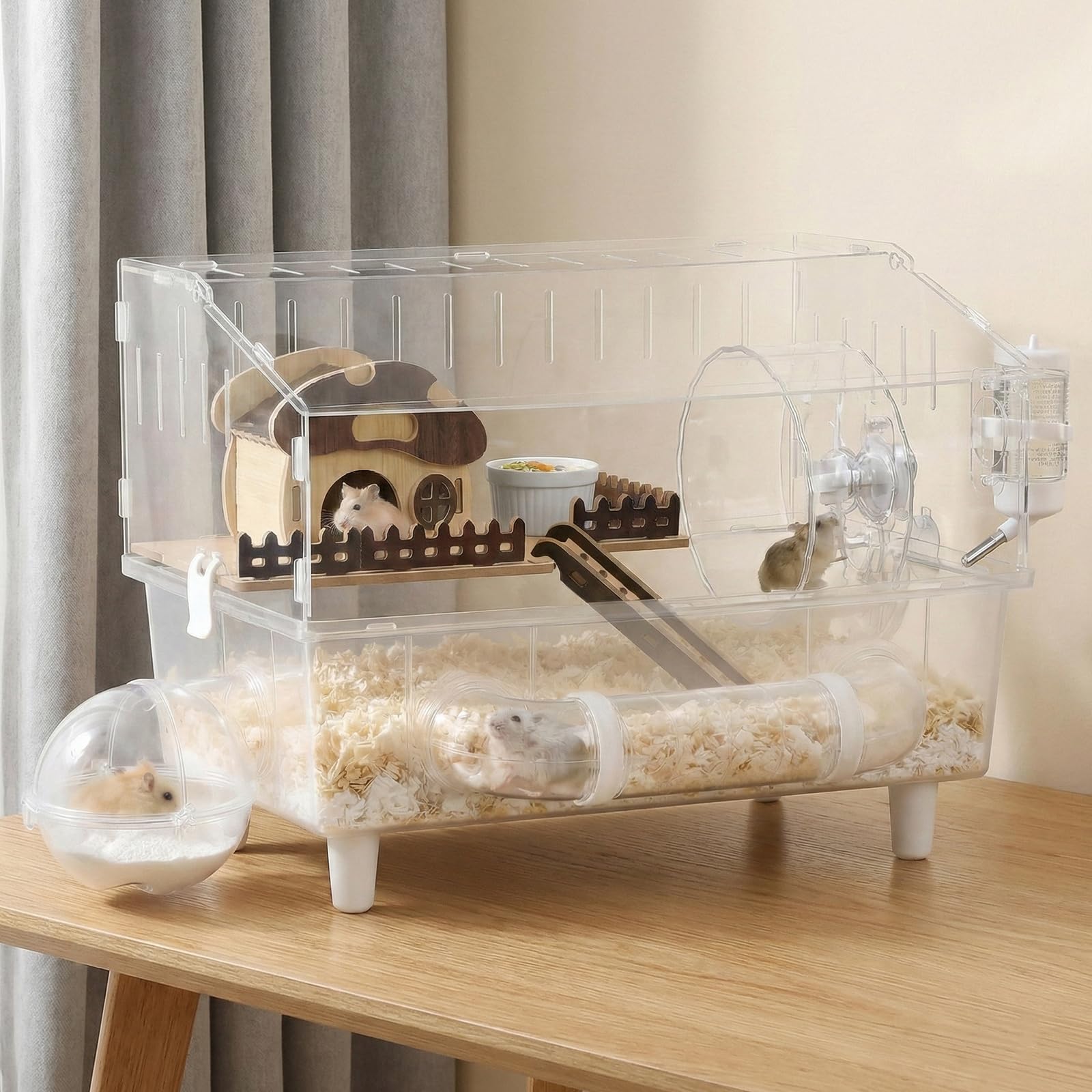 Gran jaula de acrílico para hámster con tapa abatible, 45 x 28 x 34 cm, completamente transparente, con decoraciones de casa de setas, apta para 5 a 8 hámsters
