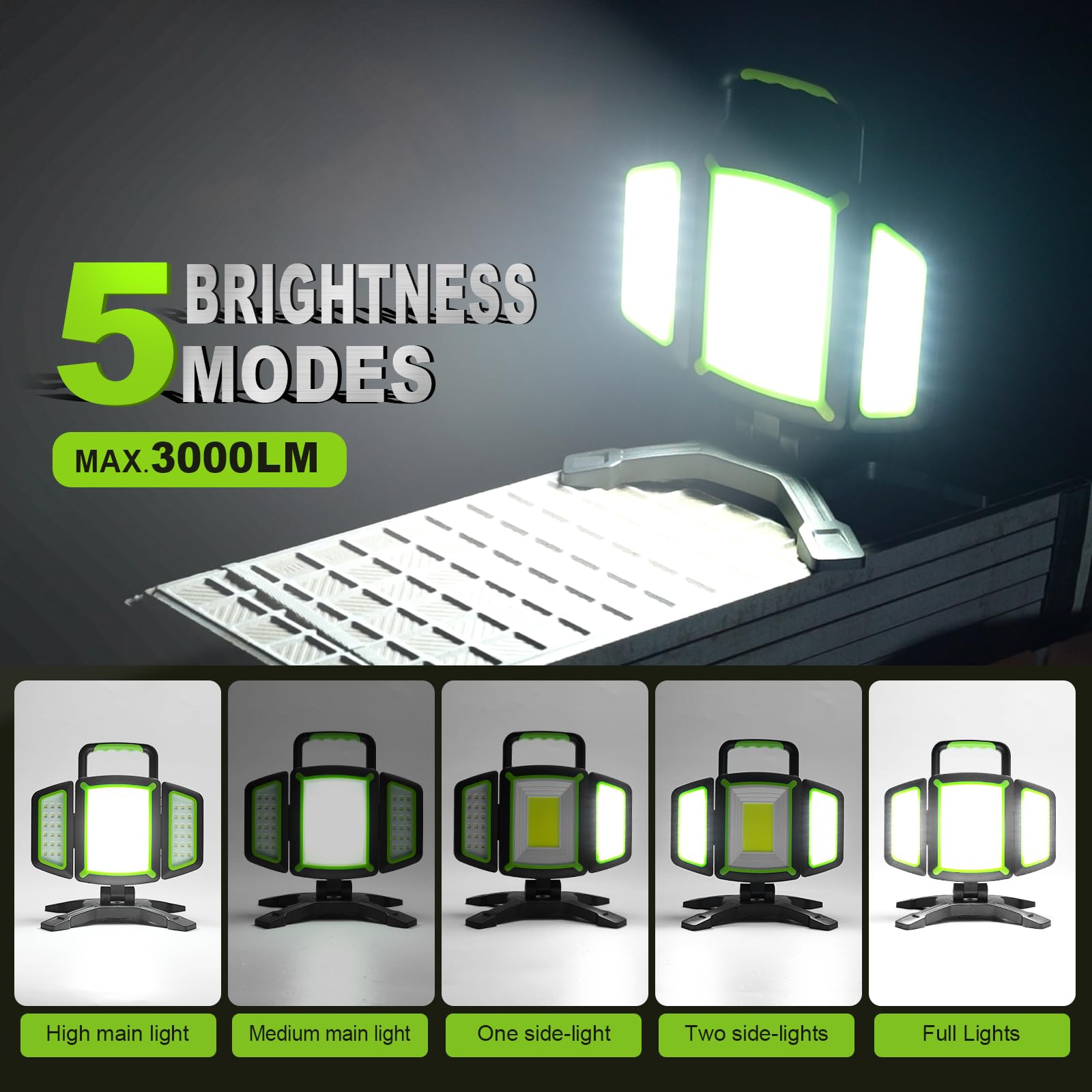 SideKing Projecteur LED Rechargeable 3000LM - Cadeau Fête des Pères, Lampe Chantier 4400mAh, Rotation 360°Base Magnétique, Pliable, IP65 Étanche, Projecteur LED Chantier pour Atelier, Camion