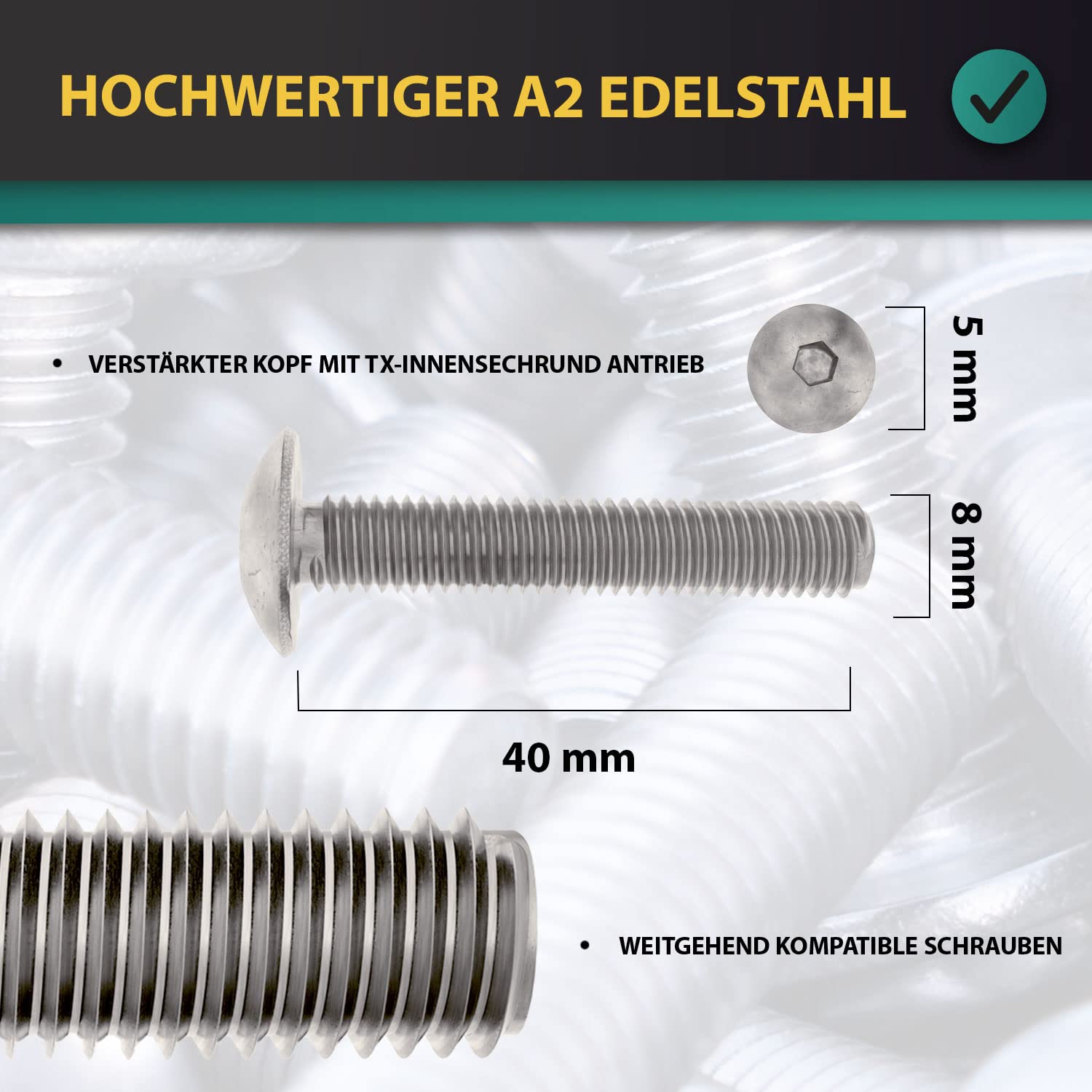 Vite Per Legno Testa Cilindrica Acciaio Inox A2 8X250 Filettata Su 80 T40 Diametro Della Testa: 20 - Foto 8