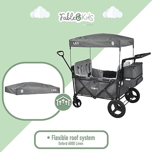 FableKids Follower Wagon Leo X4Plus with Roof | Foldable Transport Trolley | Loadable up to 20 kg per seat | 4X 5-point Belt | 360° Off Road Wheels | Foot Brake | Oxford 600D | Ventilation Grid - 5