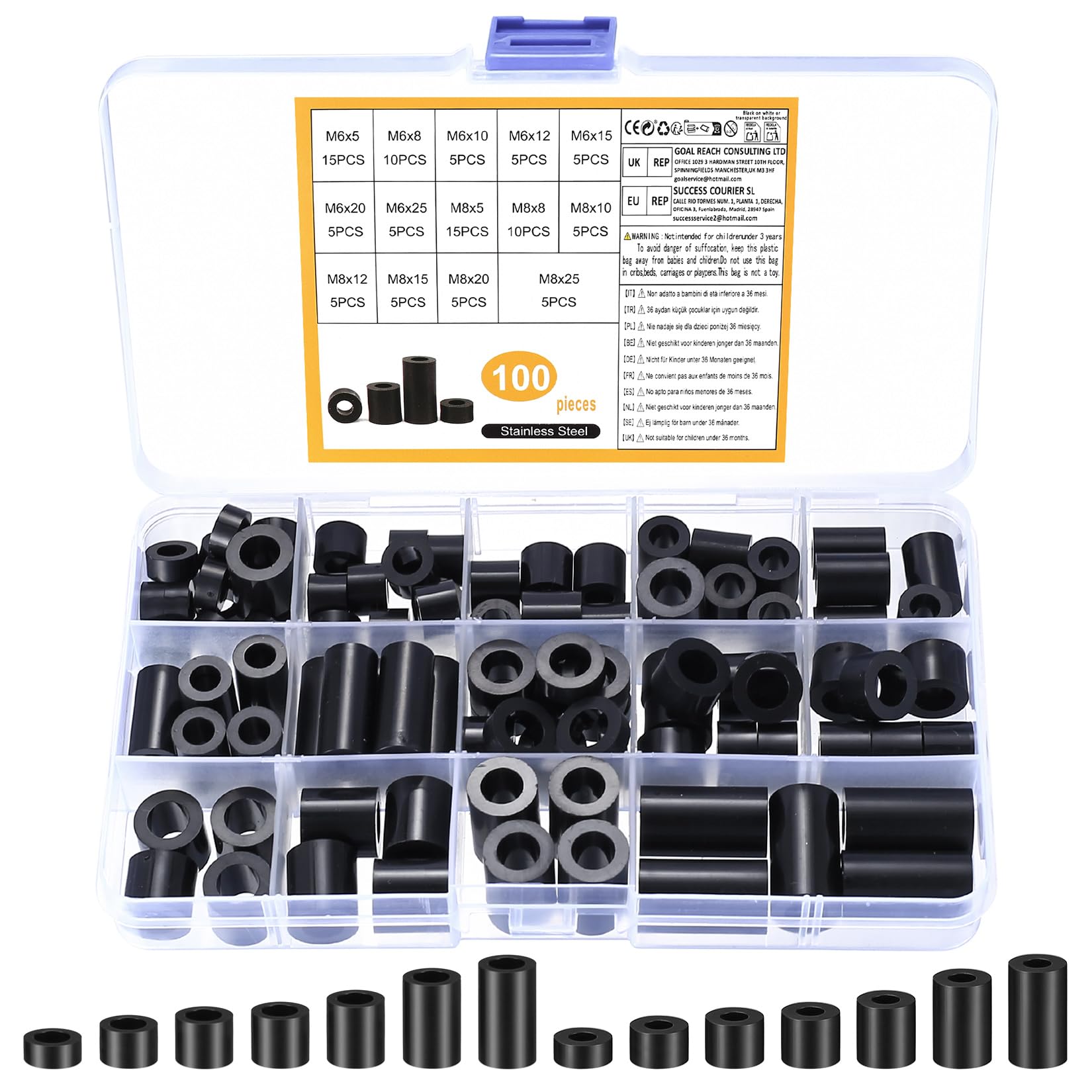 100 Pezzi Distanziali Rotondi in Nylon, M6 M8 Rondelle Plastica Nere, Spessori in Plastica, Distanziatori Isolanti, Rotonde in Nylon Non Filettate per Viti Circuito Stampato