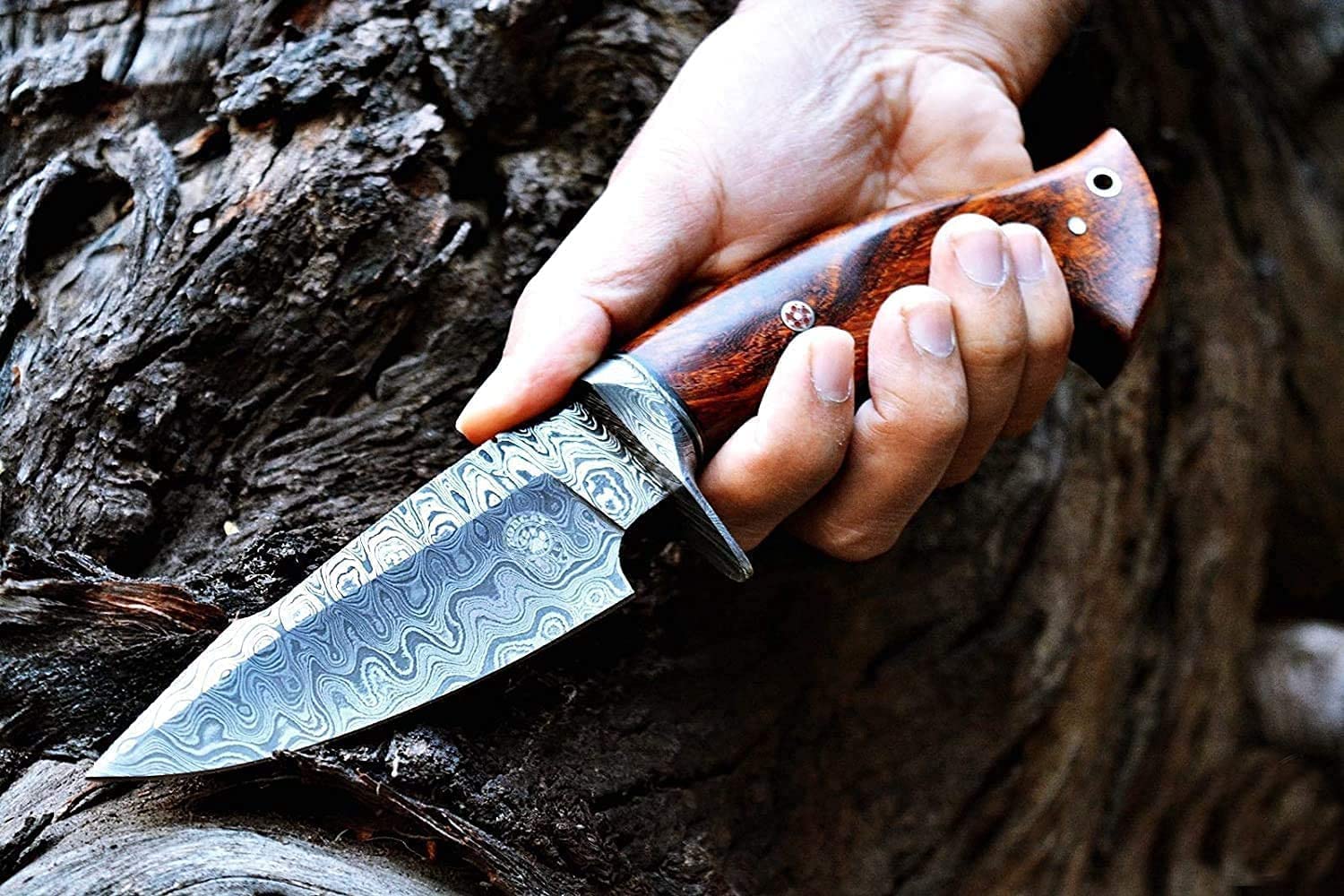 BIGCAT ROAR Predator Hunter Damaststahl 10 Zoll - Full Tang - Walnussholzgriff & Lederscheide - Outdoor Survival Bushcraft Häuten Jagd