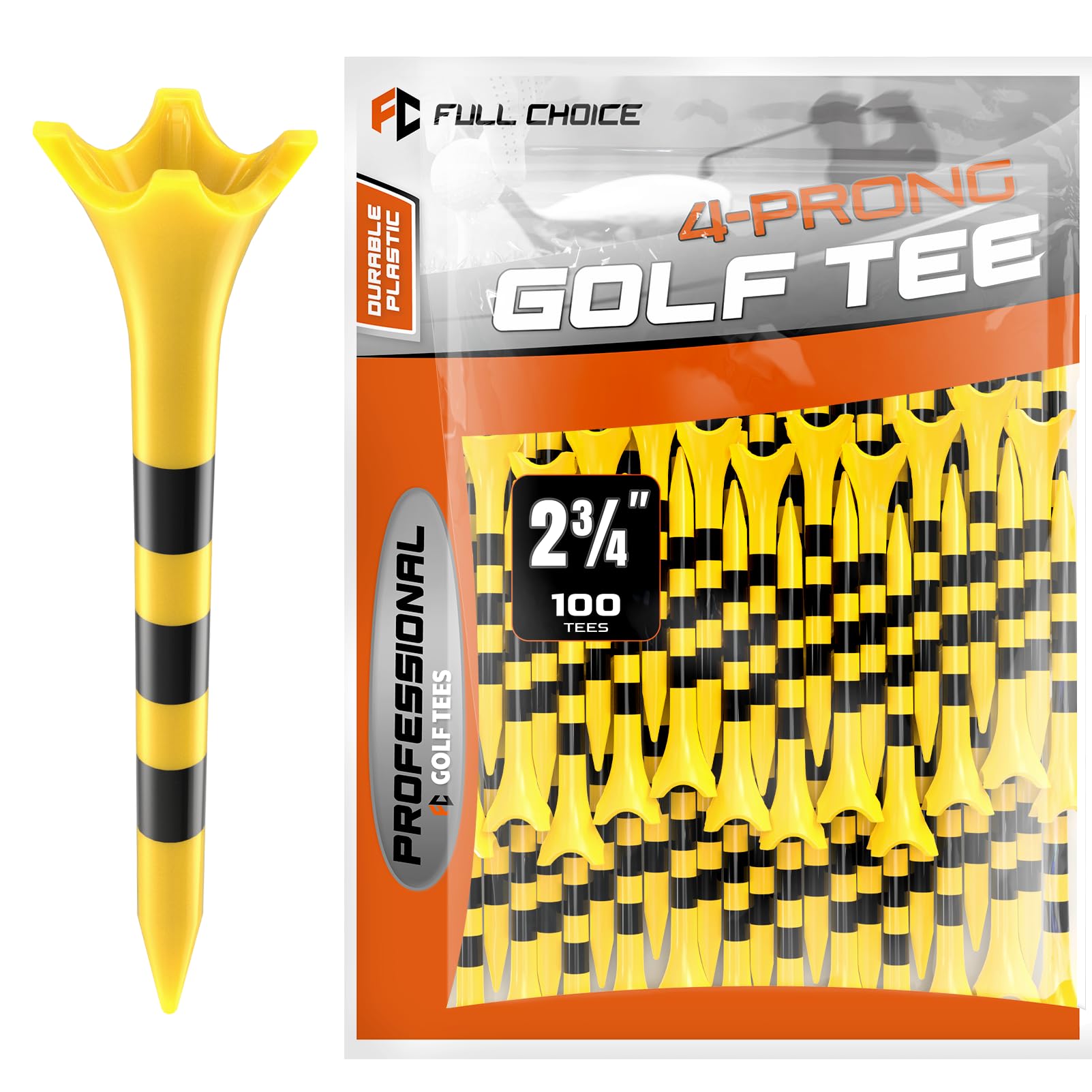 Full Choice Professional Plastic Golf Tees 100 Pack (3-1/4" or 2-3/4"), Enhanced Durability & Stability, Engineered to Minimize Friction and Side Spin