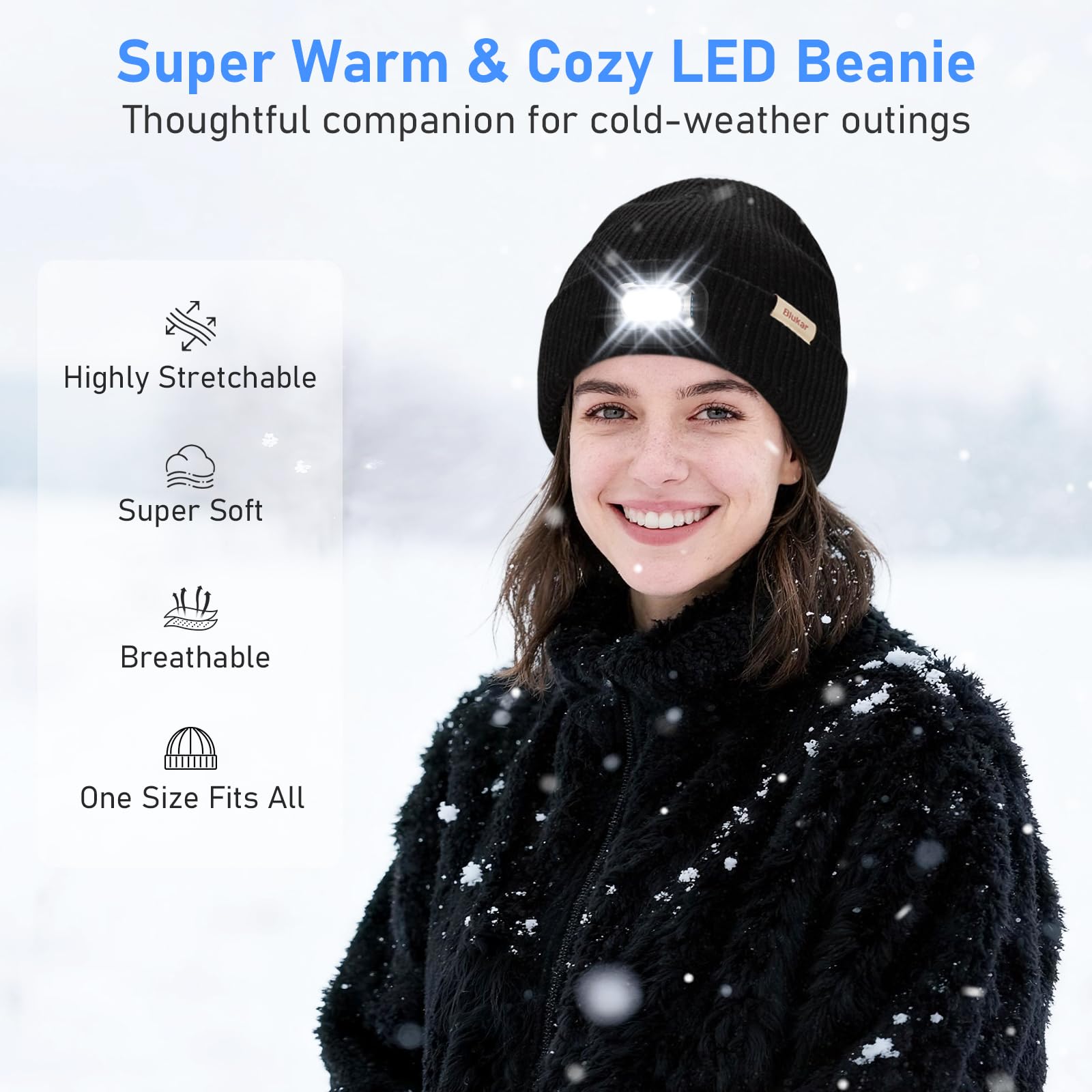 Blukar LED Cappello Illuminato con Luce, 2 in 1 Super Luminoso Cappello Berretto da Corsa, 5 Modalità,Ricaricabile, Caldo Invernale Torcia Lampada Luce Frontale Regalo per Uomo e Donna,Fascia Inclusa