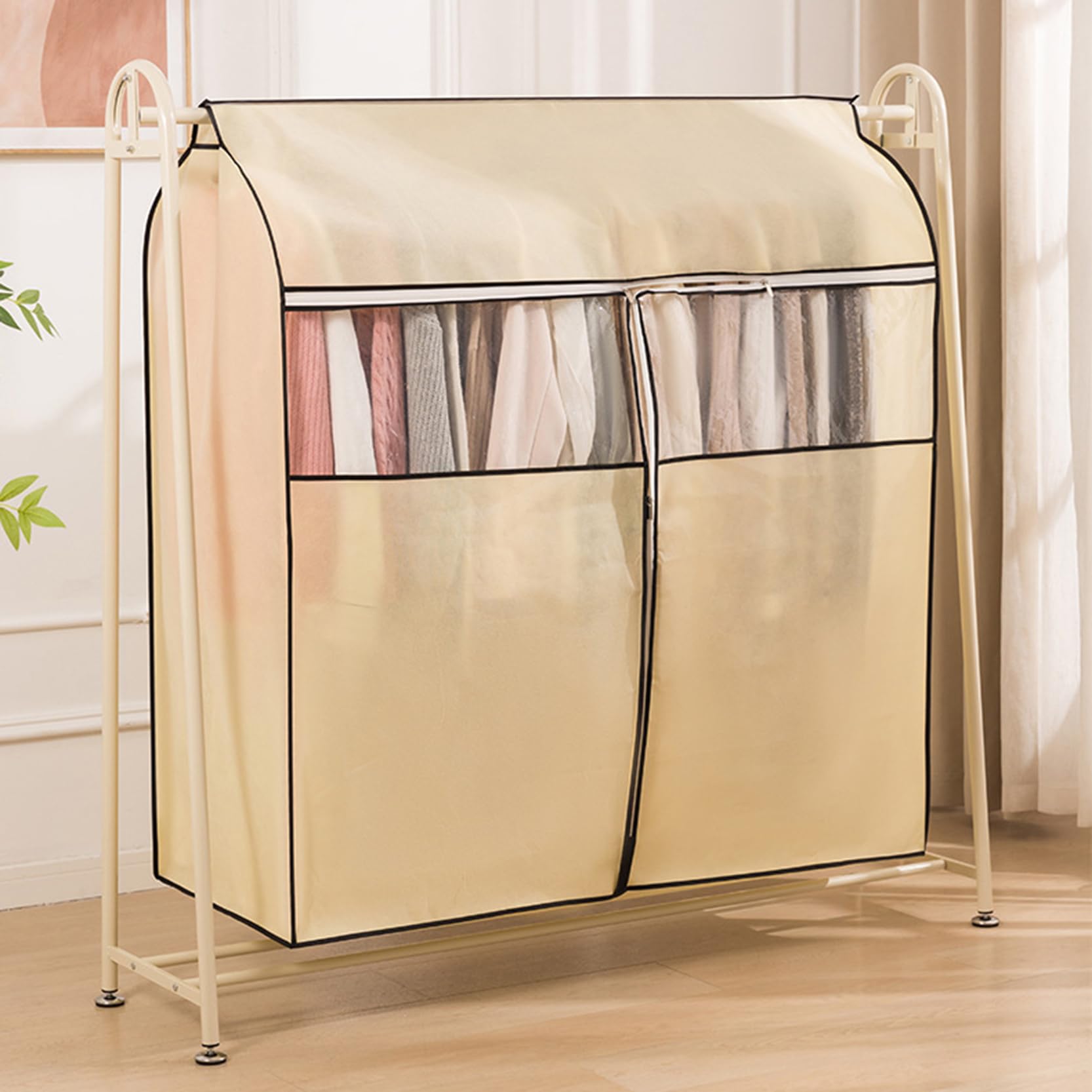 PEVA Dustproof Clothes Rail Cover, Garment Cover Breathable Zipper Window Beige 60-150x50x120cm For Coat Dress Suit(150x50x120cm)