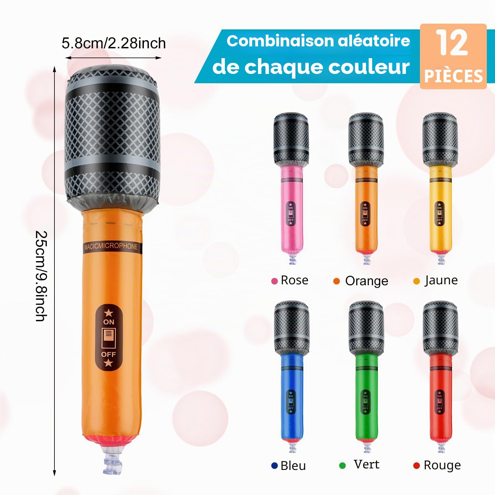Microphone gonflable de 25 cm Thinp, 12 pièces - Microphones à gonfler de couleurs assorties - Accessoires de faux microphone pour fête à thème musical des années 80 et 90 - Décorations de fête