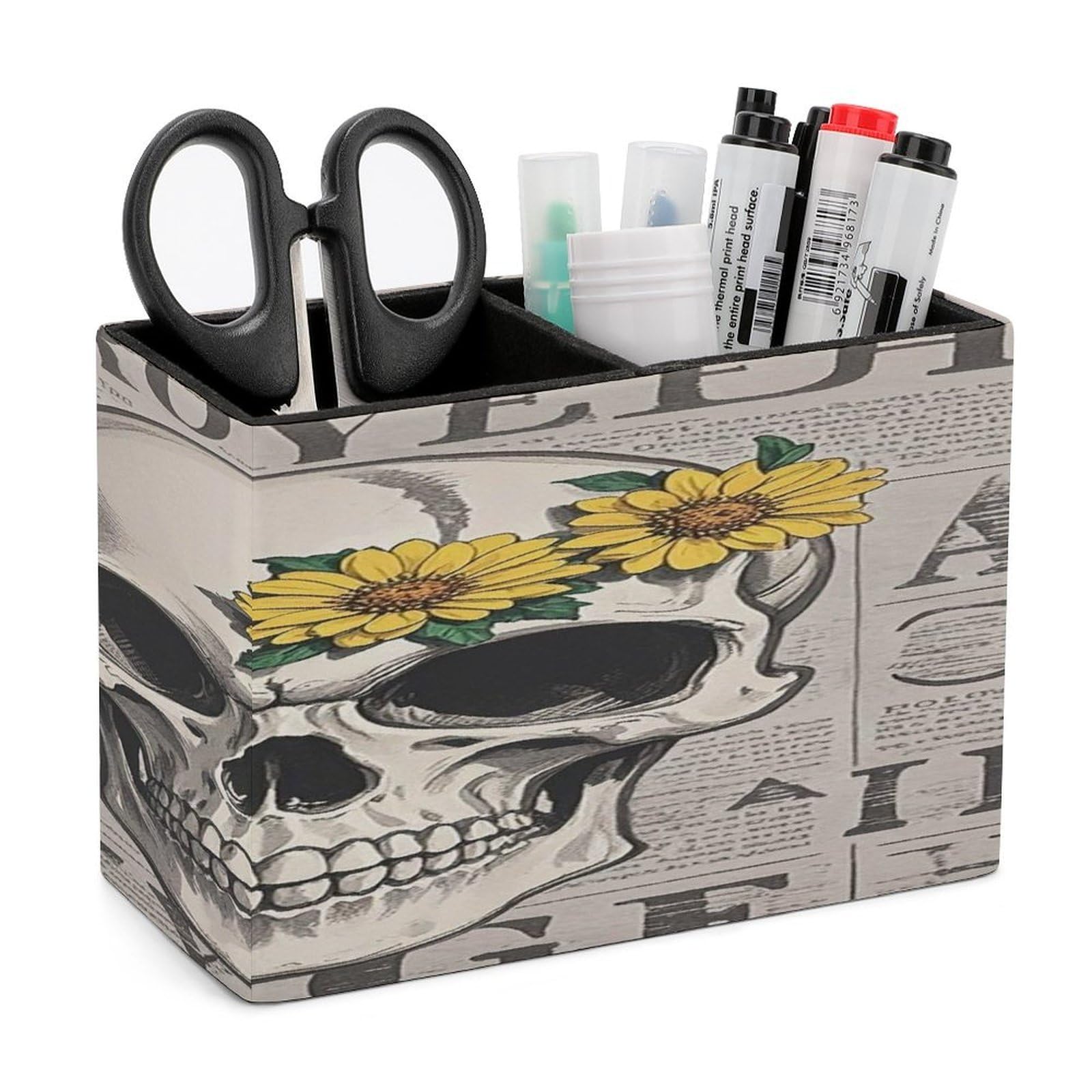 LZQPOEAS Flower Skull Leather Pen Holder with 2 Compartments Luxury Pencil Holder Minimalist Pencil Cup Brush Scissor Holders Elegant Pen Cup for Office Home Desk Accessories