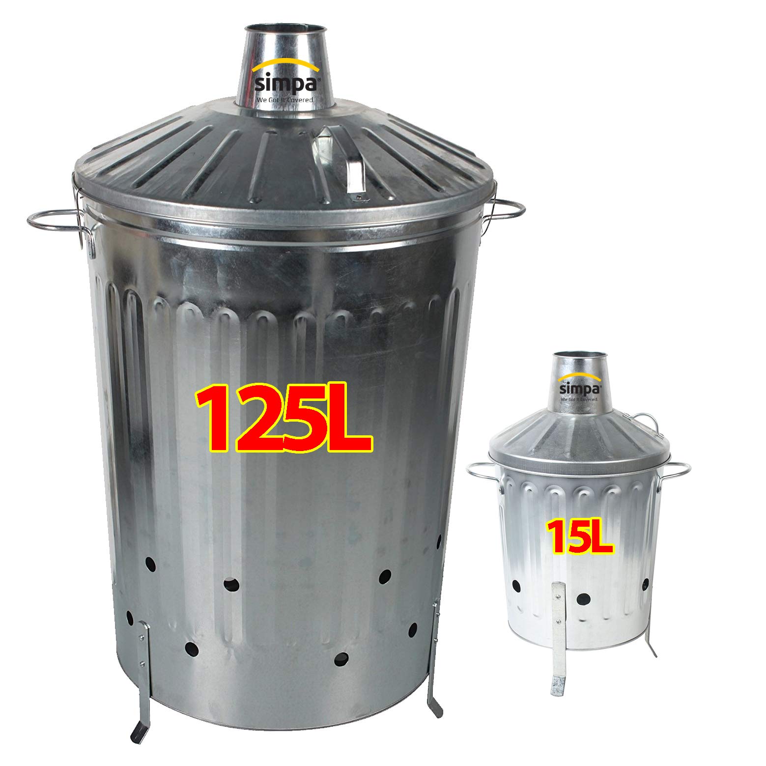 Simpa 2PC Garden Incinerator Bundle: 1 x 125L 125 Litre Incinerator & 1 x 15L 15 Litre Incinerator - Galvanised Metal Incinerator Set with Locking Lid Feature