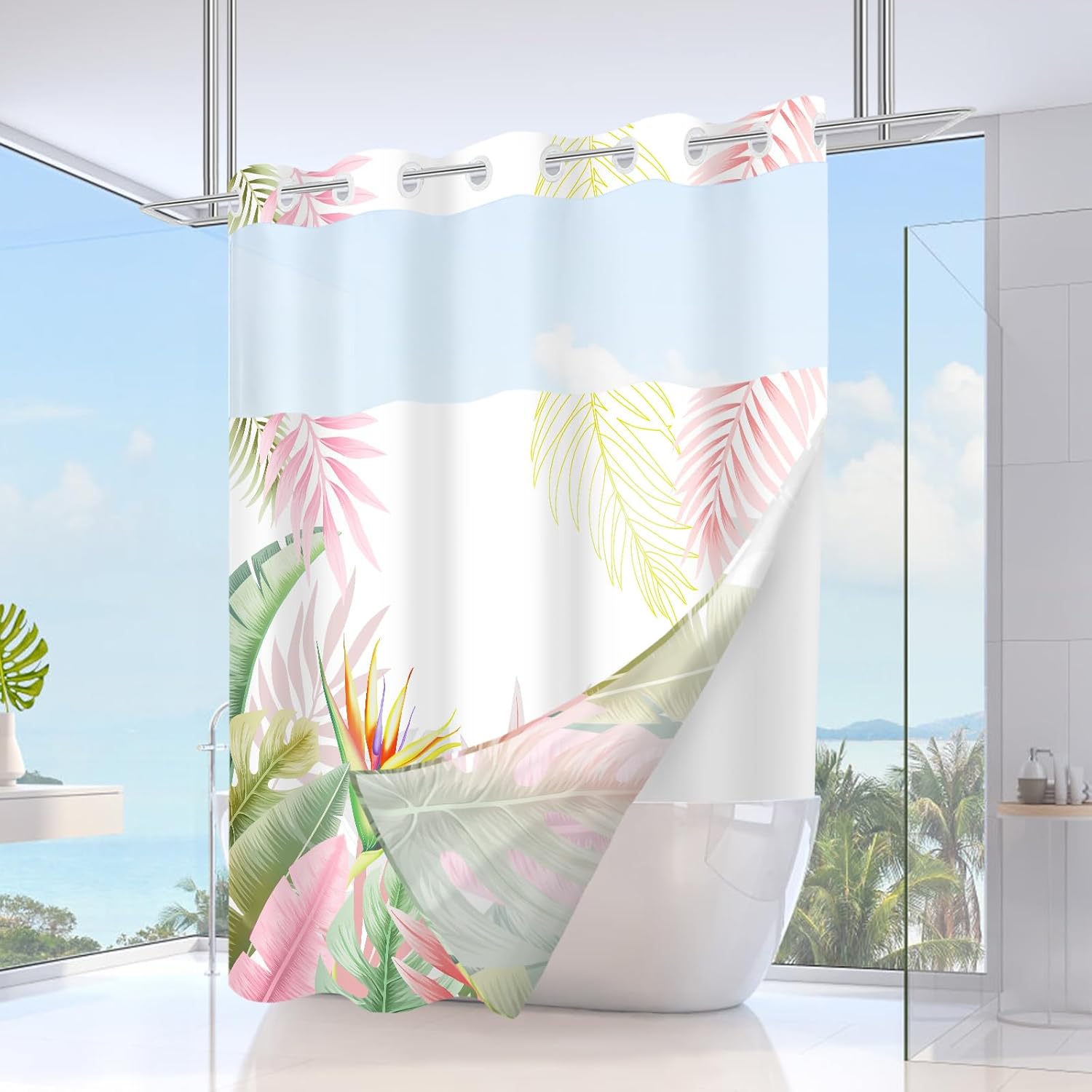 No Hook Shower Curtain with Snap in Liner, Tropical Leaf Shower Curtains and Liner Set for Bathroom, Monstera Palm Leaves Floral Fabric Bath Curtain, Waterproof Washable, Pink 71" x 74"