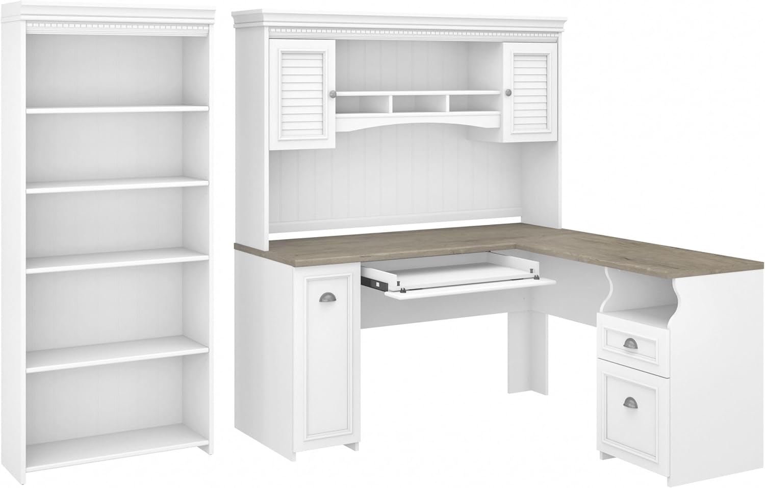 Bush Furniture Fairview L Shaped Desk with Hutch and 5 Shelf Bookcase, Shiplap Gray/Pure White