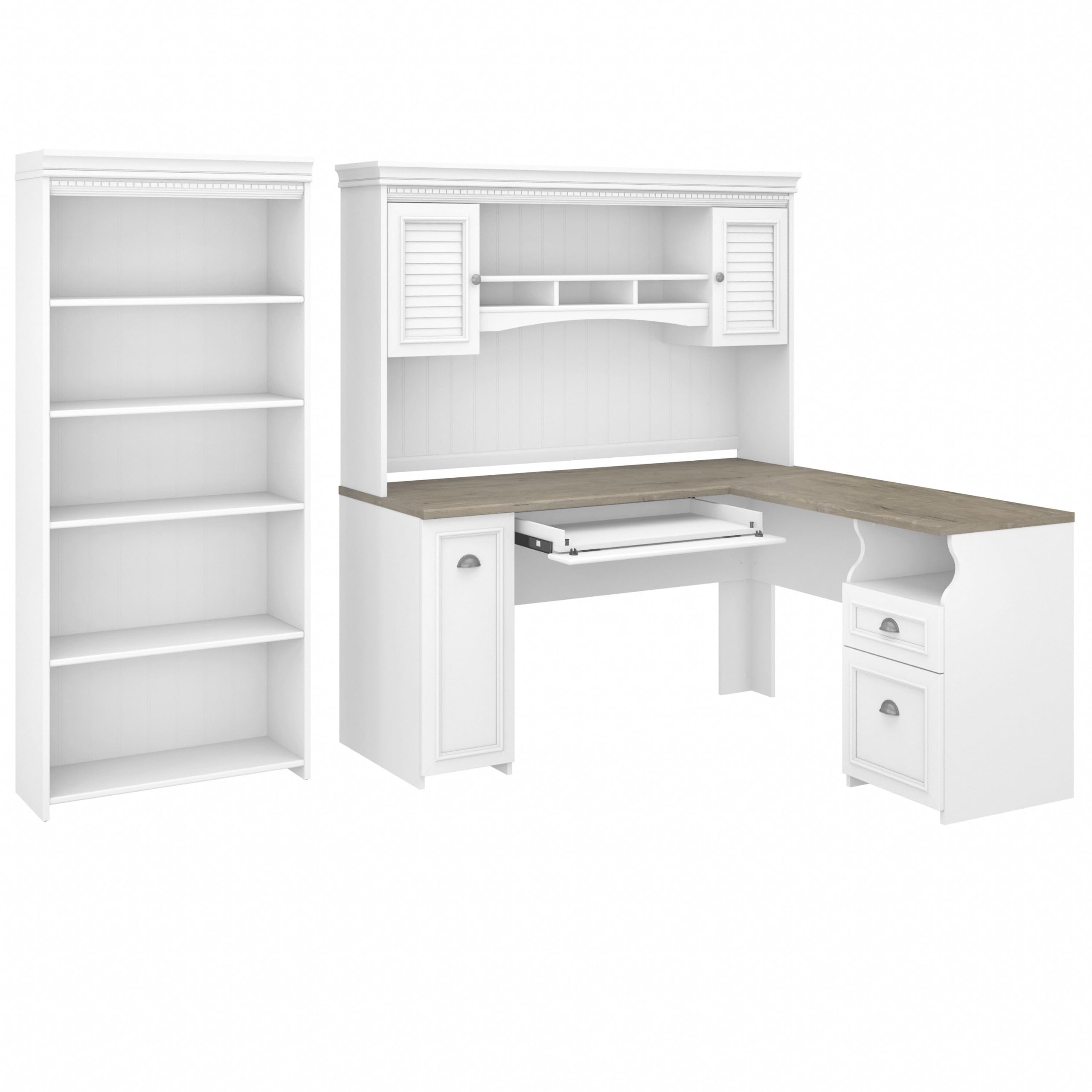Bush Furniture Fairview L Shaped Desk with Hutch and 5 Shelf Bookcase, Shiplap Gray/Pure White