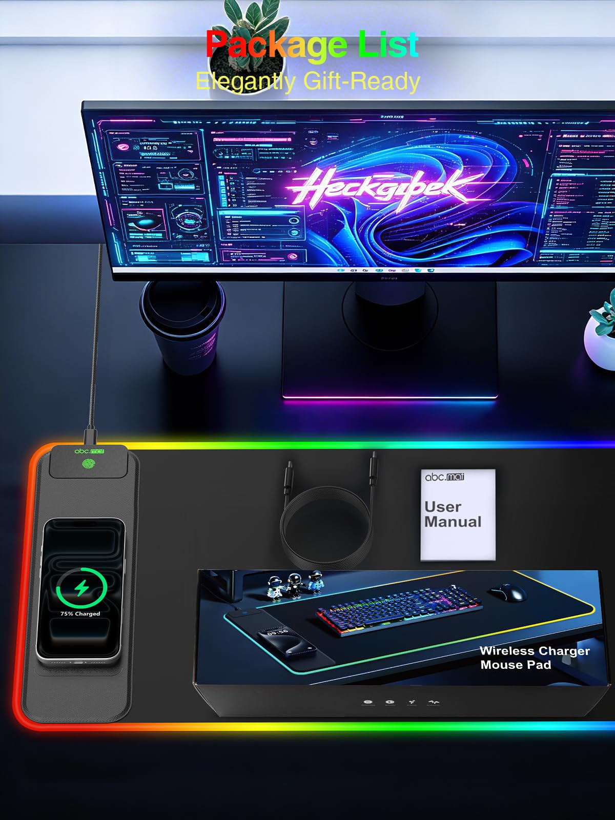Tappetino per mouse da gioco RGB con ricarica wireless, 800 x 300 grandi, 24 effetti di luce, base antiscivolo, superficie ultra liscia impermeabile