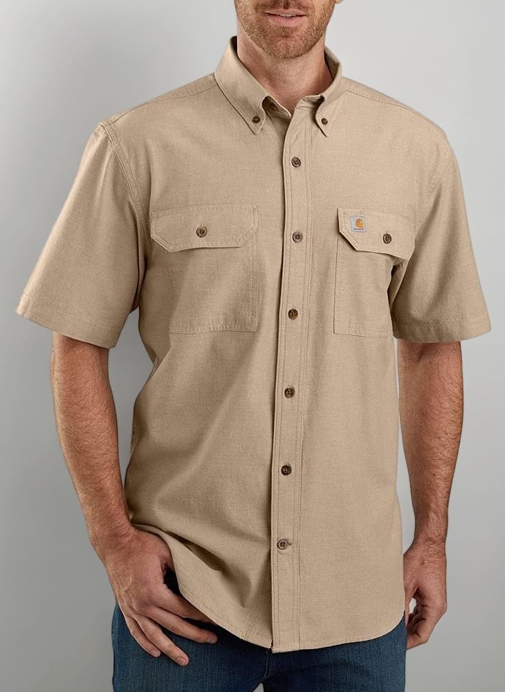 Men's Loose Fit Midweight Chambray Short Sleeve Shirt Work Utility Button Down Shirt (Pack of 1)