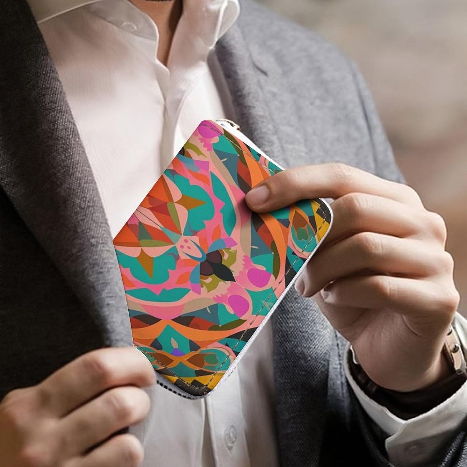 Leather Card Organizer Case Card Wallet Credit Card Holder Colorful Bohemian Patterns Printed Zipper Card Cases Holder for Women Men