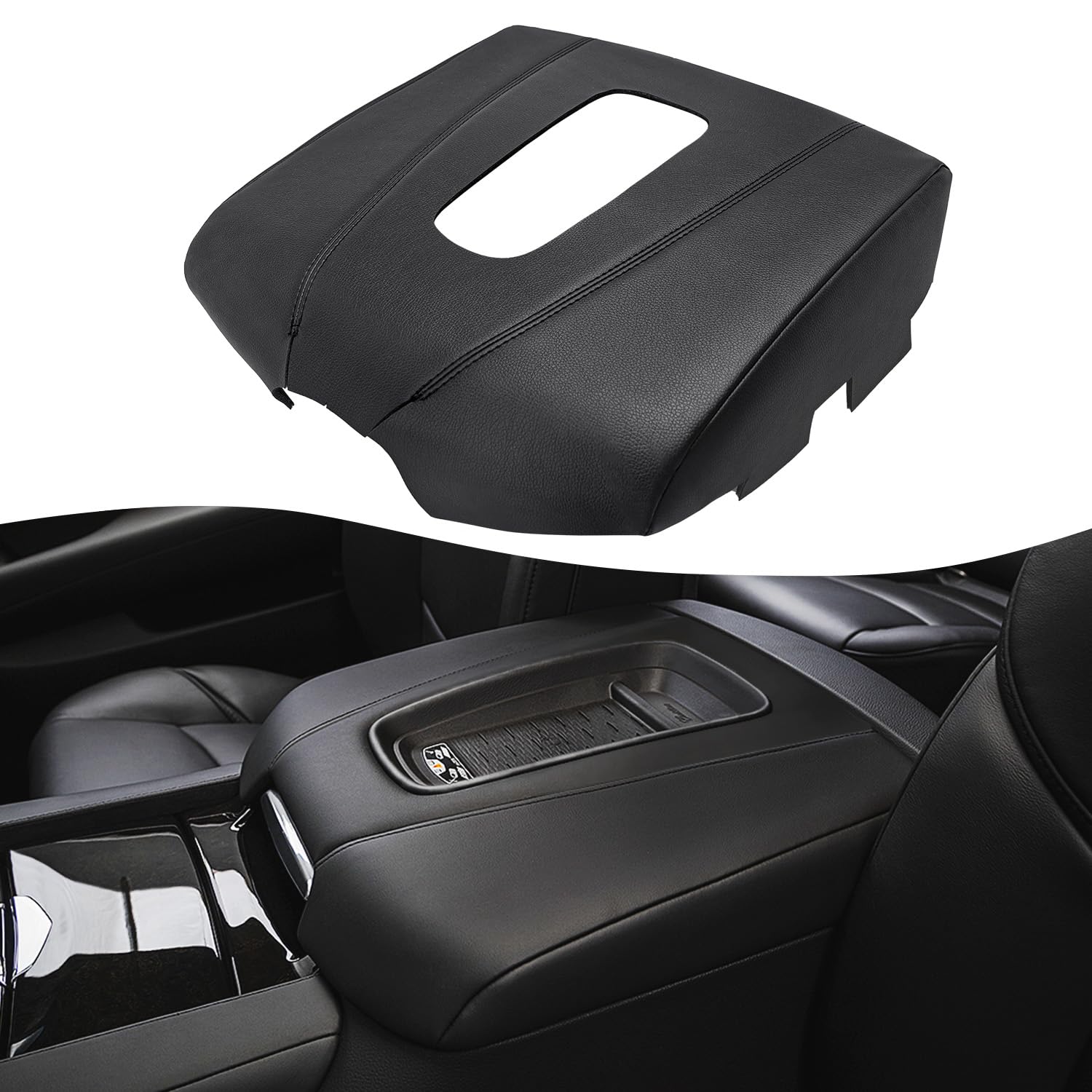 KBH Car Center Console Armrest Cover Replacement for Cadillac Escalade 2015 2016 2017 2018 2019 2020, Vinyl Leather Upholstery, Anti-Scratch, Black (