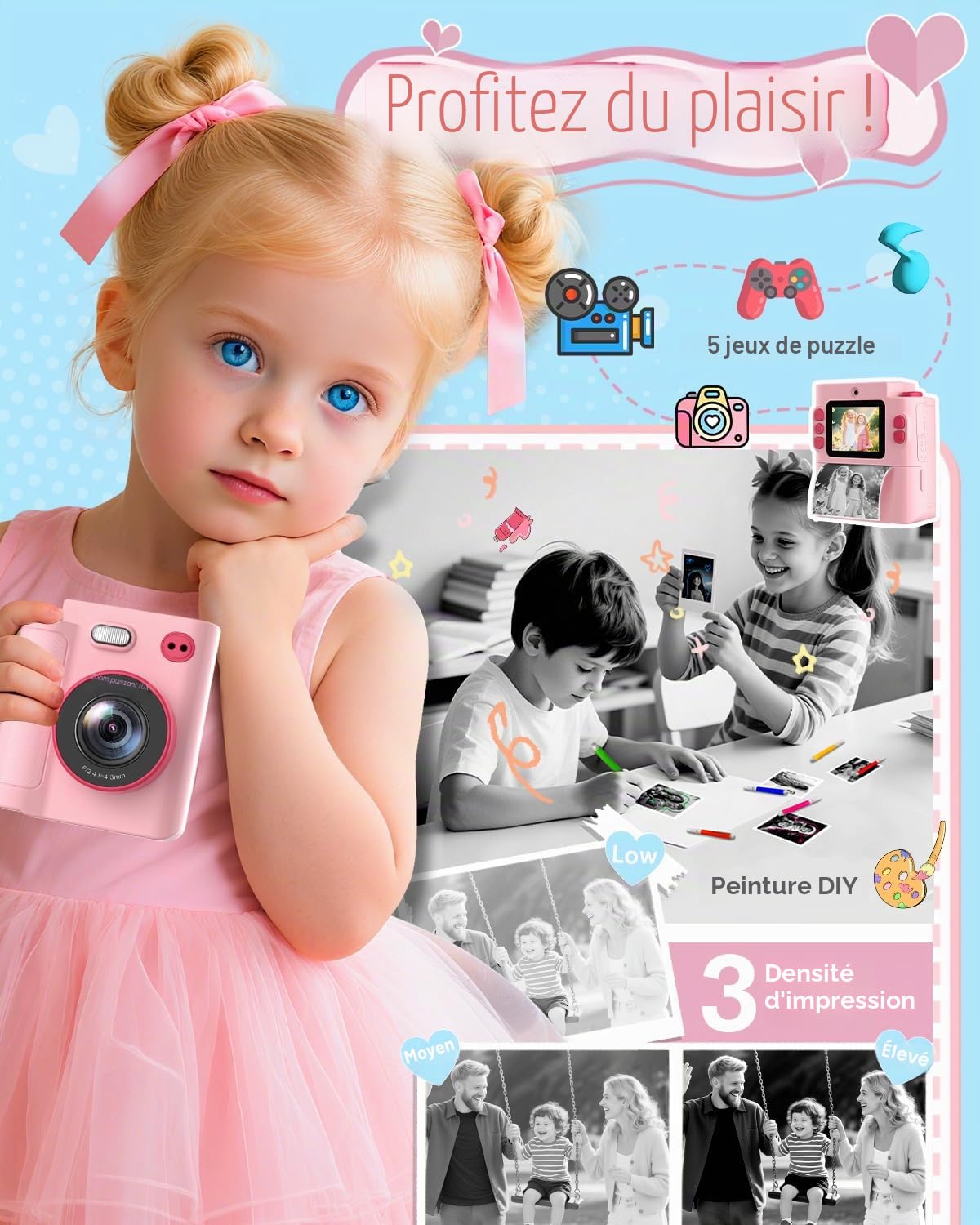 Appareil Photo Instantané Enfants, 1080P Appareil Photo Numérique Enfant & Caméra Vidéo avec Carte de 32GB & Papier d'impression, Noël & Anniversaire Cadeaux pour Garçons/Filles de 3-12 Ans