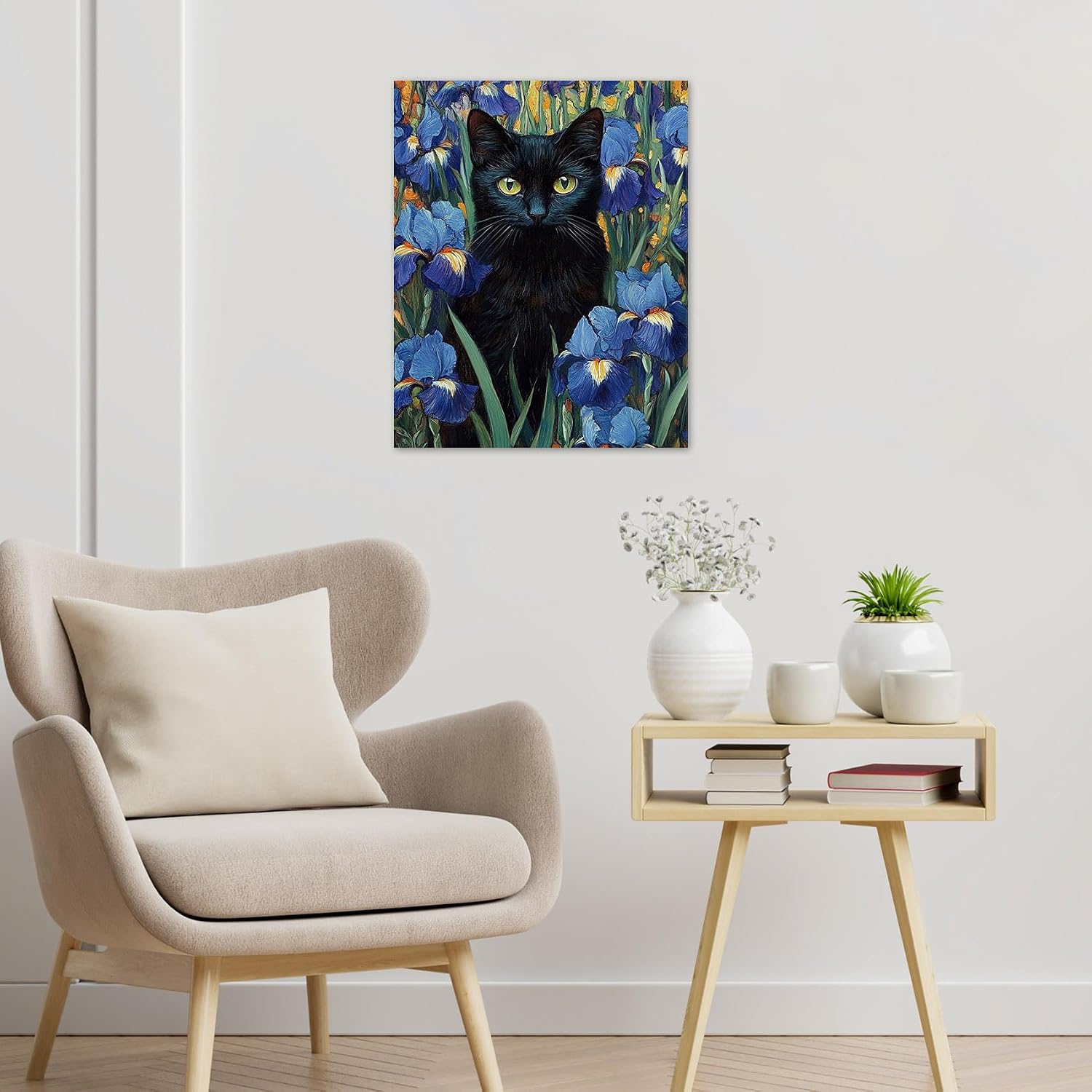 HVEST Black Cat Floral Wall Art for Living Room, Blue and Yellow Flower Pictures Wall Decor Green Leaf Plant Botanical Framed Canvas Wall Art for Bathroom Bedroom Office Home Decor,10L X 8W Inches