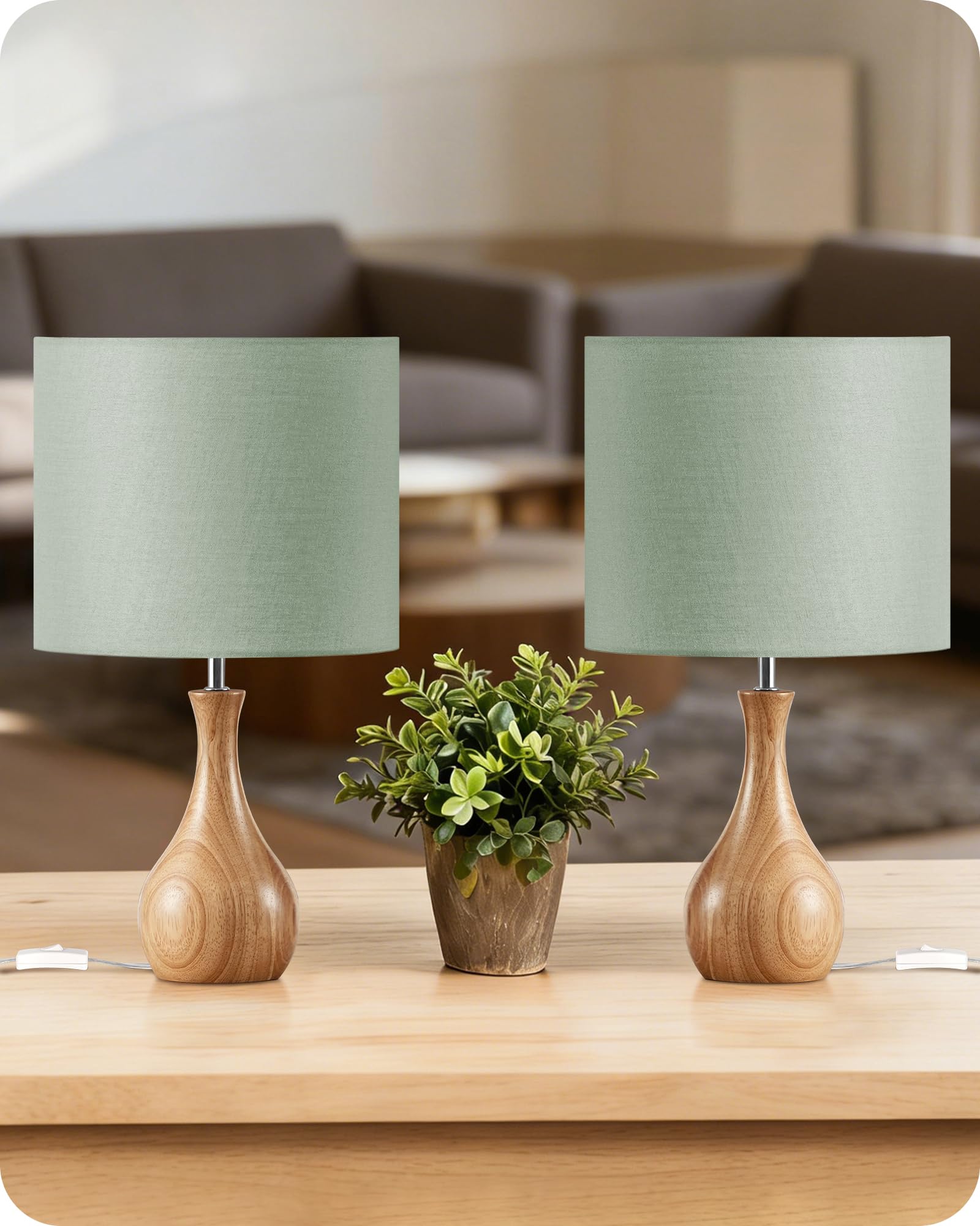 GOEBLESON Small Table Lamps Set of 2, Wood Desk Lamp with Bottle-Shaped Base and Linen Shade, Bedside Lamp, E27 LED Bulb Included, for Living Room, Bedroom, Sage Green and Natural ZMJ09TLKP205