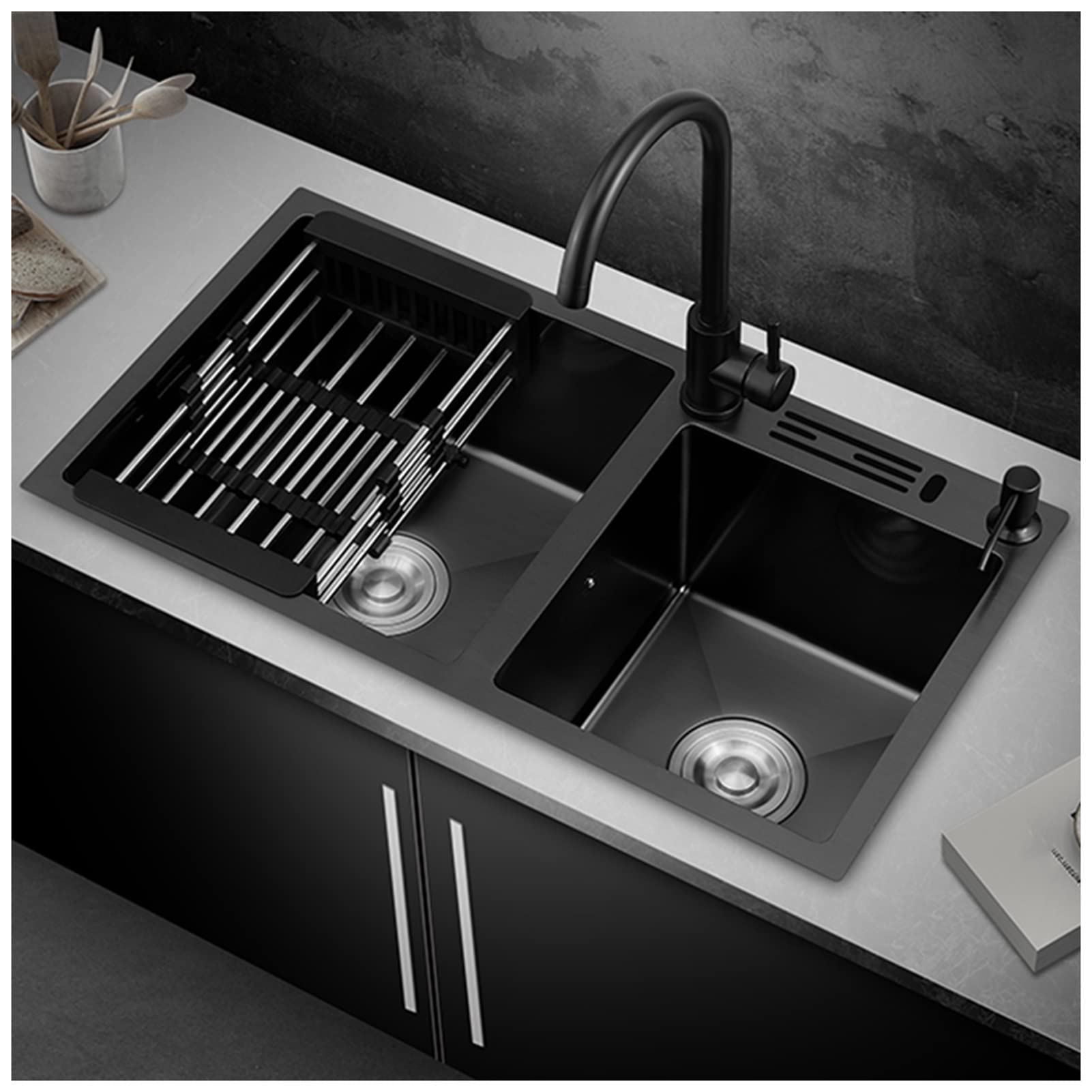 Évier de cuisine nano noir d'exception en acier inoxydable double cuve encastrable 72cm