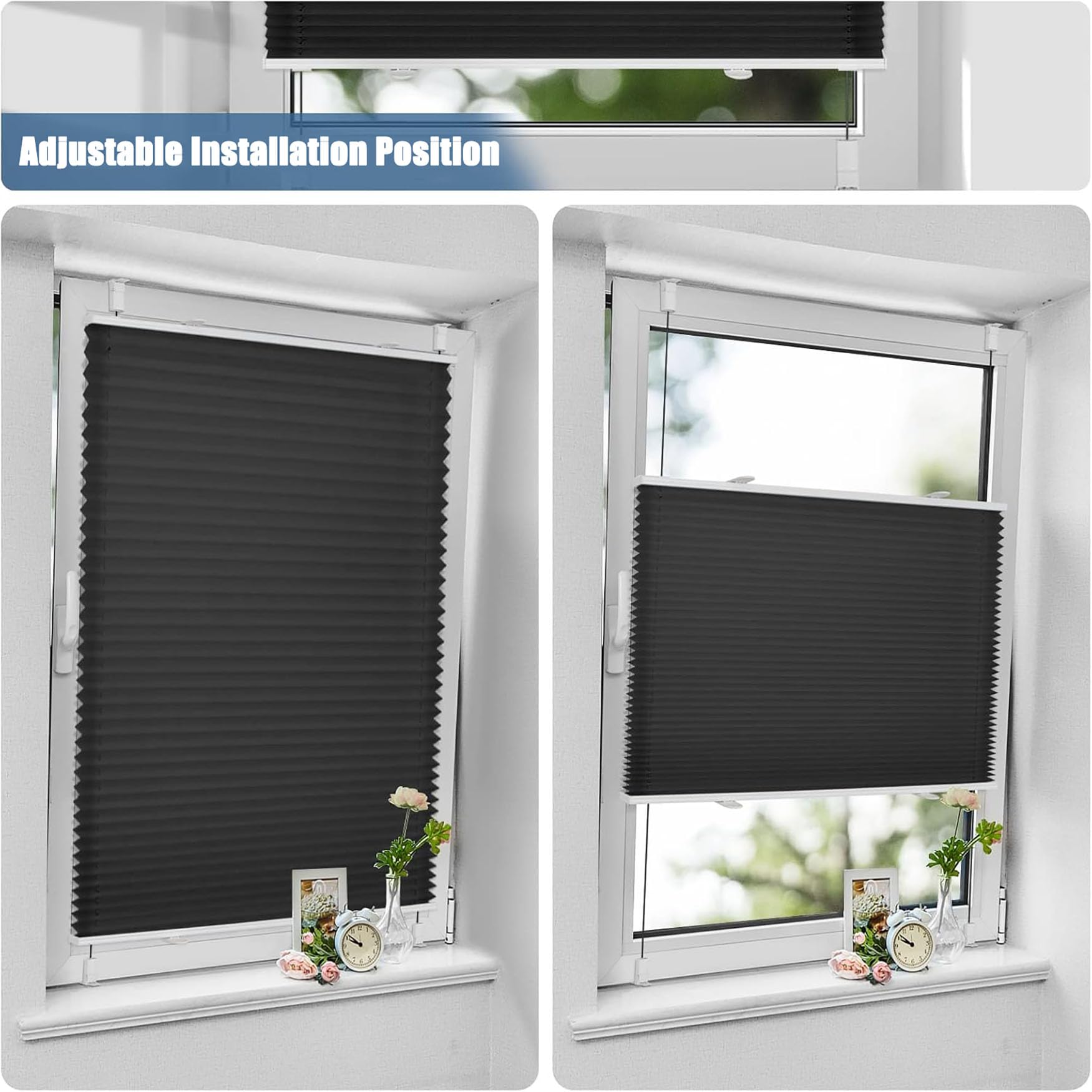 Tenda Plissettata 55 x 135 cm Protezione da Sole e Sguardi Indiscreti Tenda a Soffietto Traslucida Montaggio Facile e Veloce per Soggiorno, Bagno e Cucina, Nero