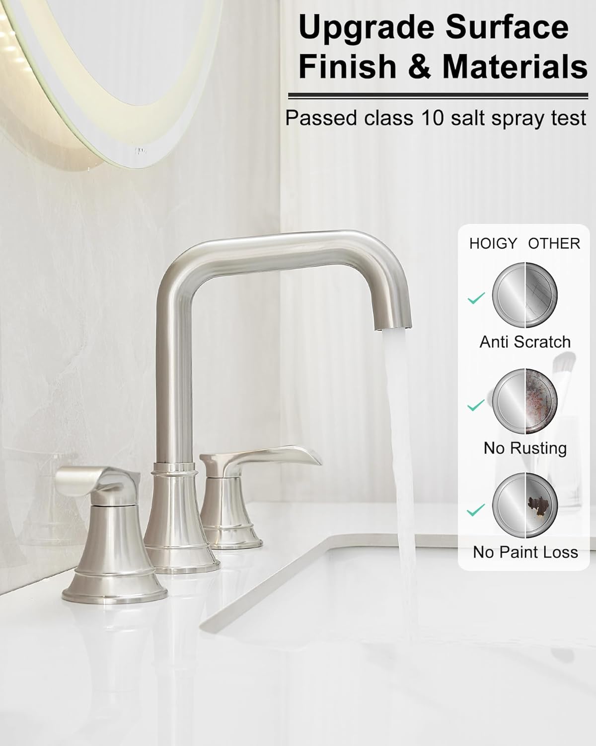 Brushed Nickel 3 Hole Bathroom Faucet Widespread, 360 Degree Swivel Vanity Faucet 8 Inch, 2 Handles for Bathroom Sink with Water Supply Hose & Pop-Up Drain, Lead-Free, 5 Mins Installation