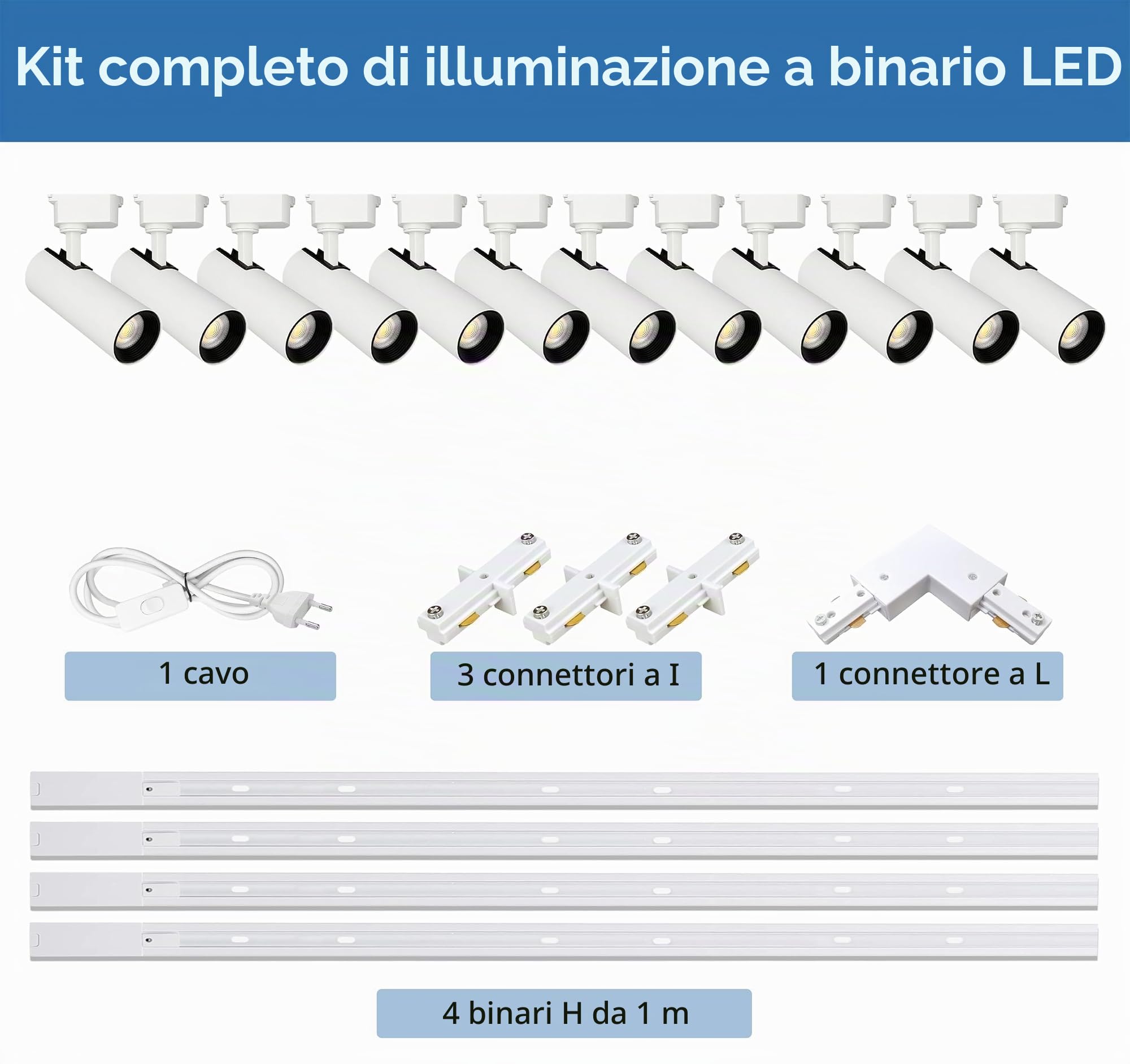 Teste Di Illuminazione Della Pista A Led 12-Luci Lampada Faretti Da Soffitto Orientabili,Faretti Led Interno 20W Track Lighting 3000K Bianco Freddo Con Binari Extra Da 4 * 1m,Cucina Moderni Ufficio