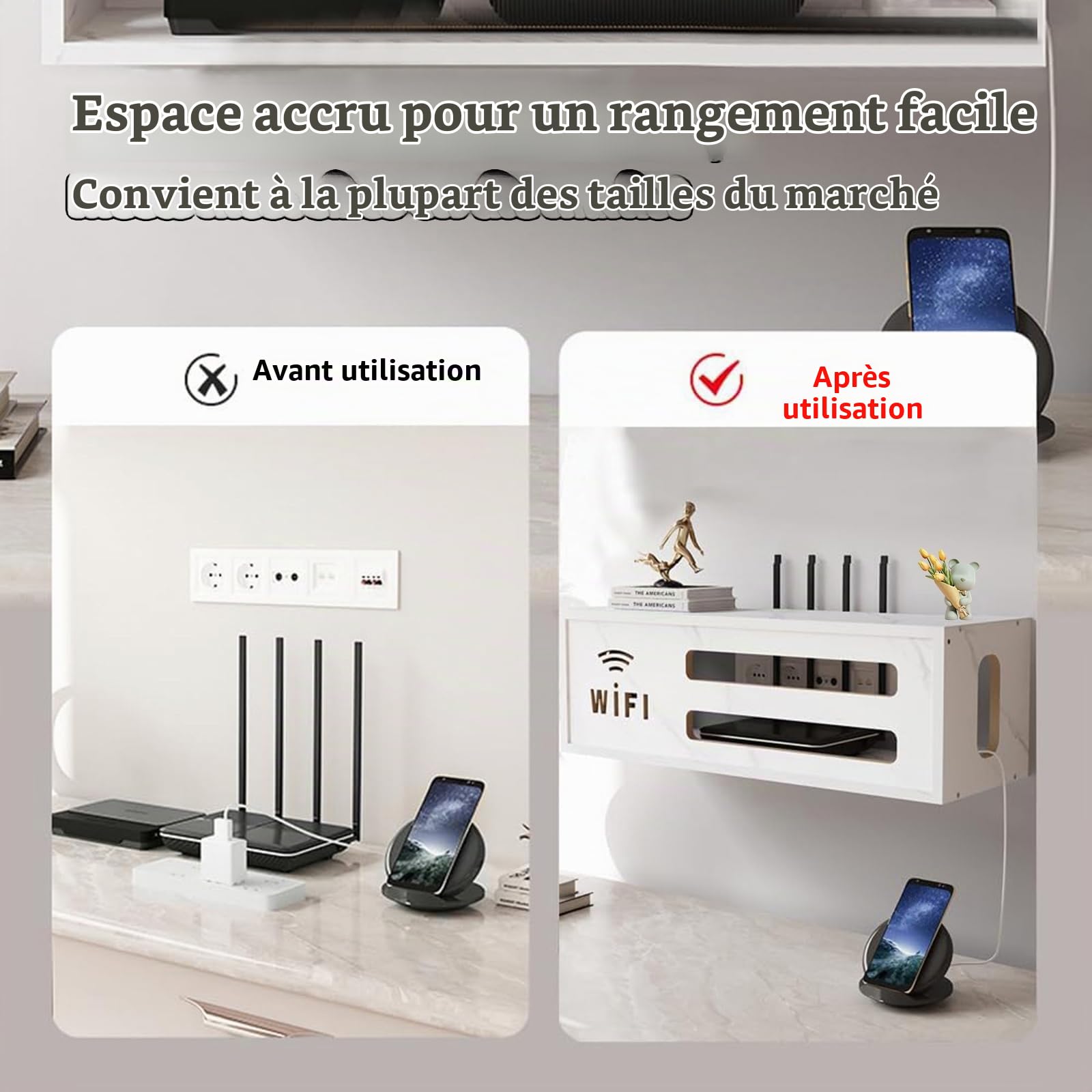Boîte de Rangement pour routeur WiFi, Étagère de Routeur Murales, Box Internet, Support de Stockage WiFi en Bois, TV Décodeur Boîte de Rangement Murale(White)