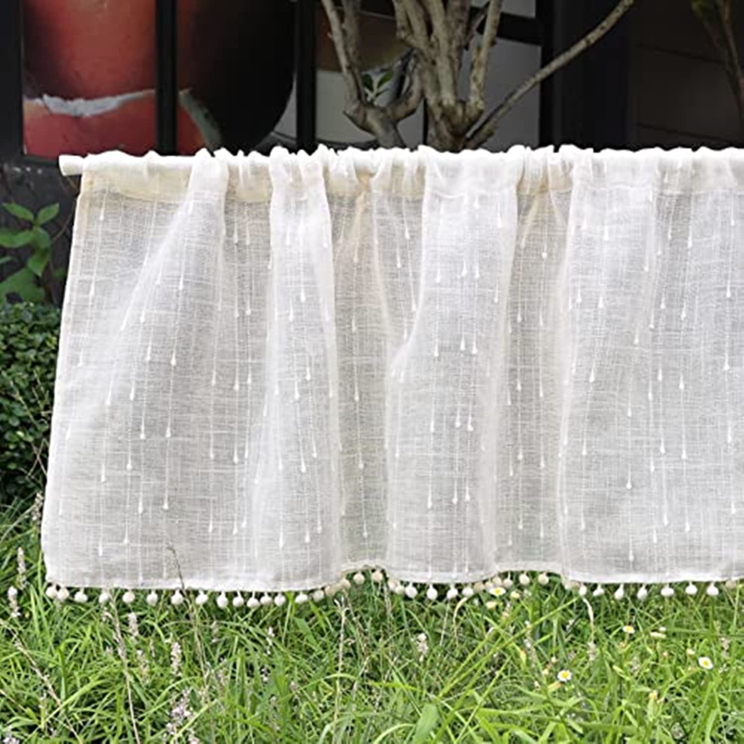 choicehot Short Net Beige Curtains for Windows - Translucent Kitchen Cafe Valance Privacy Protected Half Curtain with Pompom 30cm Drop Rod Pocket, 30x150cm