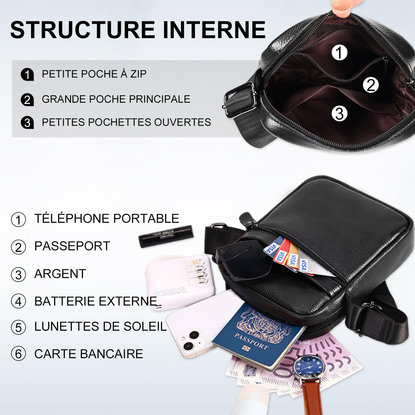Leathario Sac à Bandoulière en Cuir Véritable pour Hommes Sac Pochettes décontractées pour les Voyages d'affaires Shopping Usage Quotidien Grande Capacité À la Mode Noir