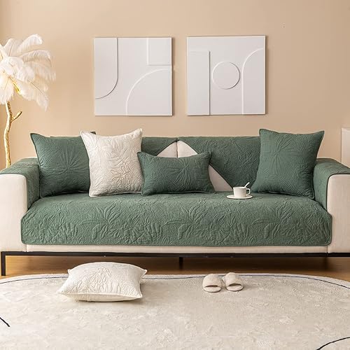 vctops Funda para sofá de algodón con bordado de hojas, antideslizante, acolchada, para sofá modular, con patrón de plantas tropicales, color liso,