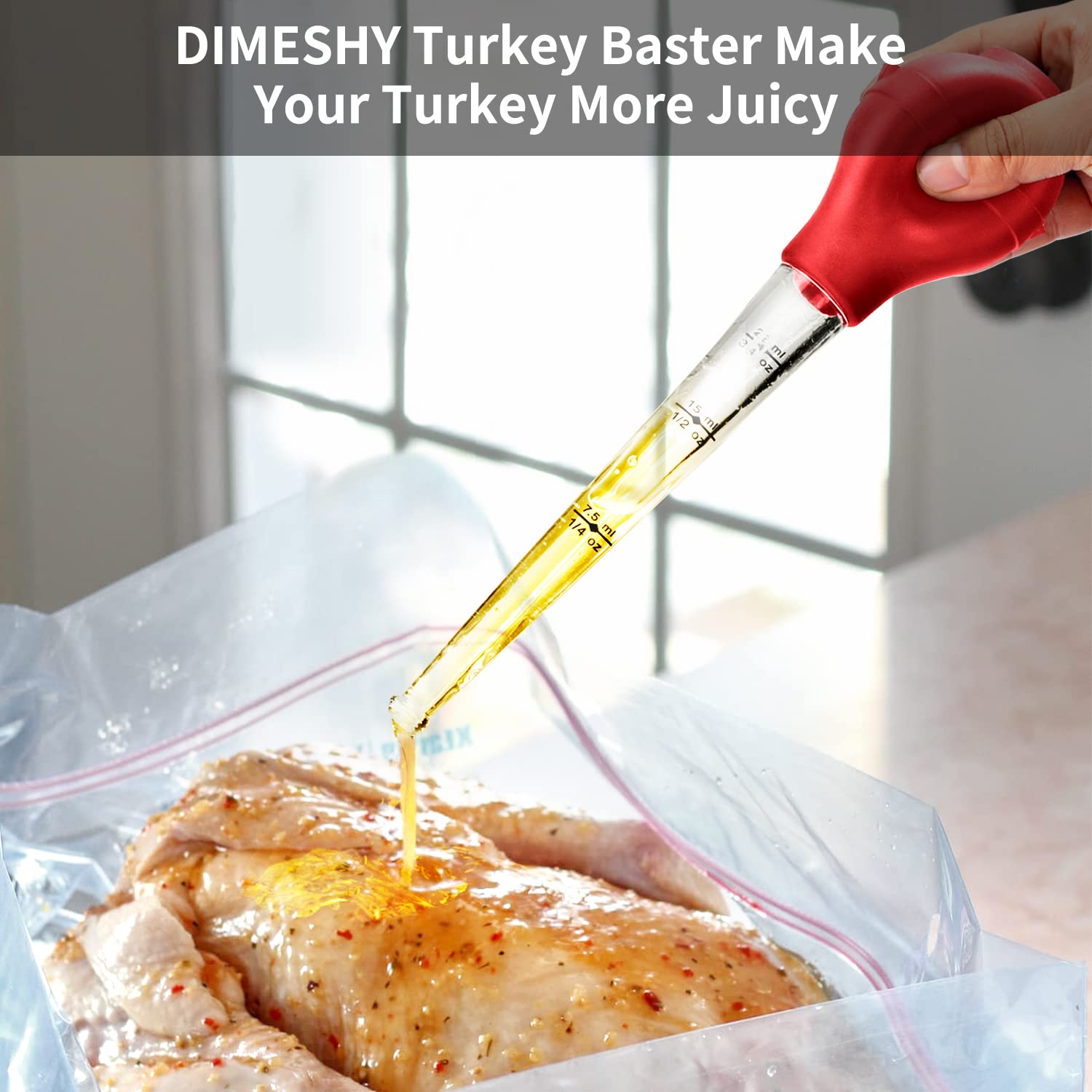 DIMESHY Truthahn-Braten, lebensmittelecht, zum Kochen und Braten, abnehmbare runde Birne, Braten, gut für Fleisch, Geflügel, Rindfleisch, Huhn, mit Reinigungsbürste, Injektionsnadel, Backpinsel (rot)
