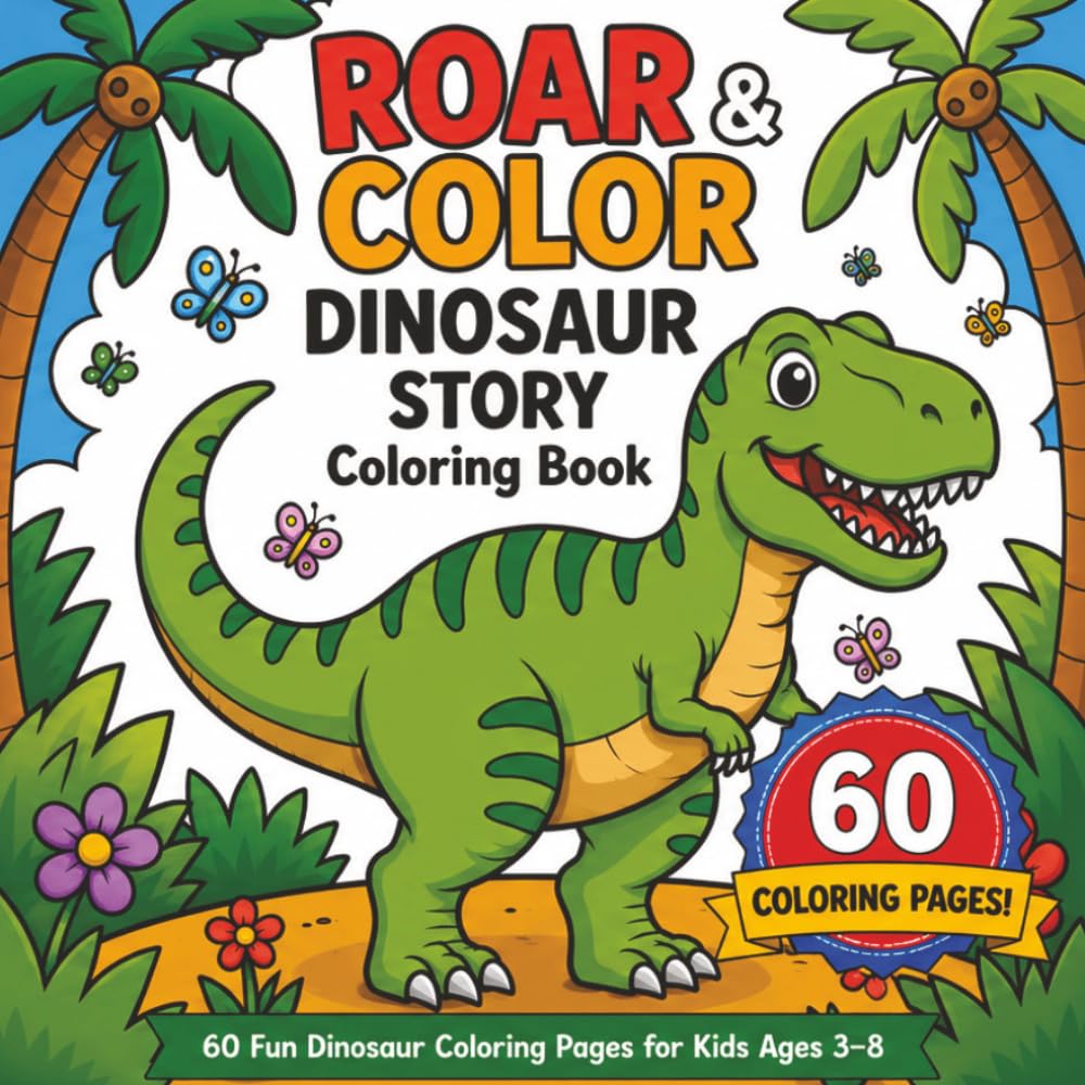 Roar & Color Dinosaur Story Coloring Book: 60 Fun Dinosaur Coloring Pages for Kids Ages 3–8 | Cute Dinosaurs, Easy Designs, and Prehistoric Adventures