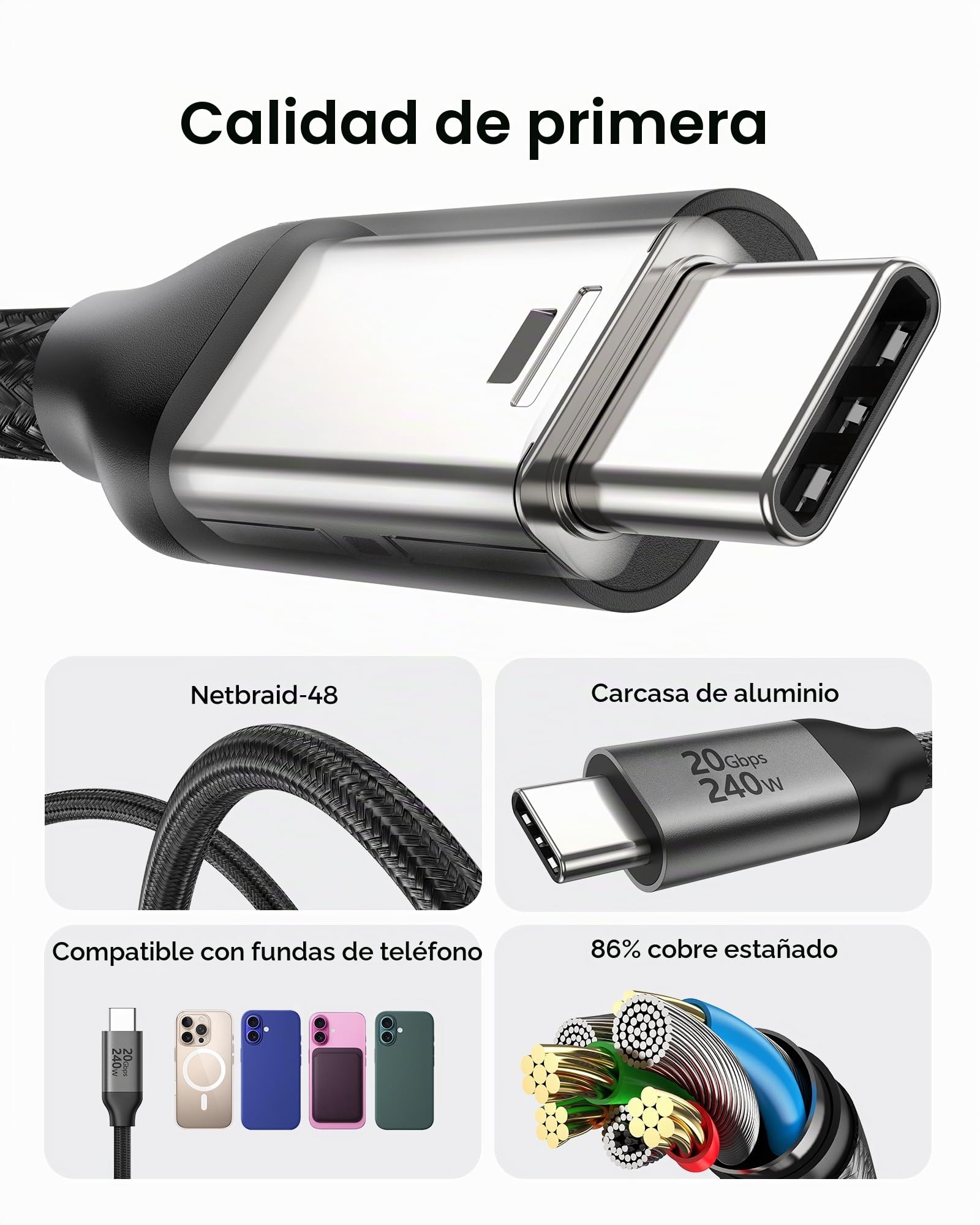 Silkland Cable USB4 Thunderbolt 4 5m, Transferencia de Datos de 20Gbps, 5K/4K a 60Hz, Carga Rápida de 240W, Compatible con Thunderbolt 4/3, MacBook, DELL XPS, Surface Pro, Auriculares VR