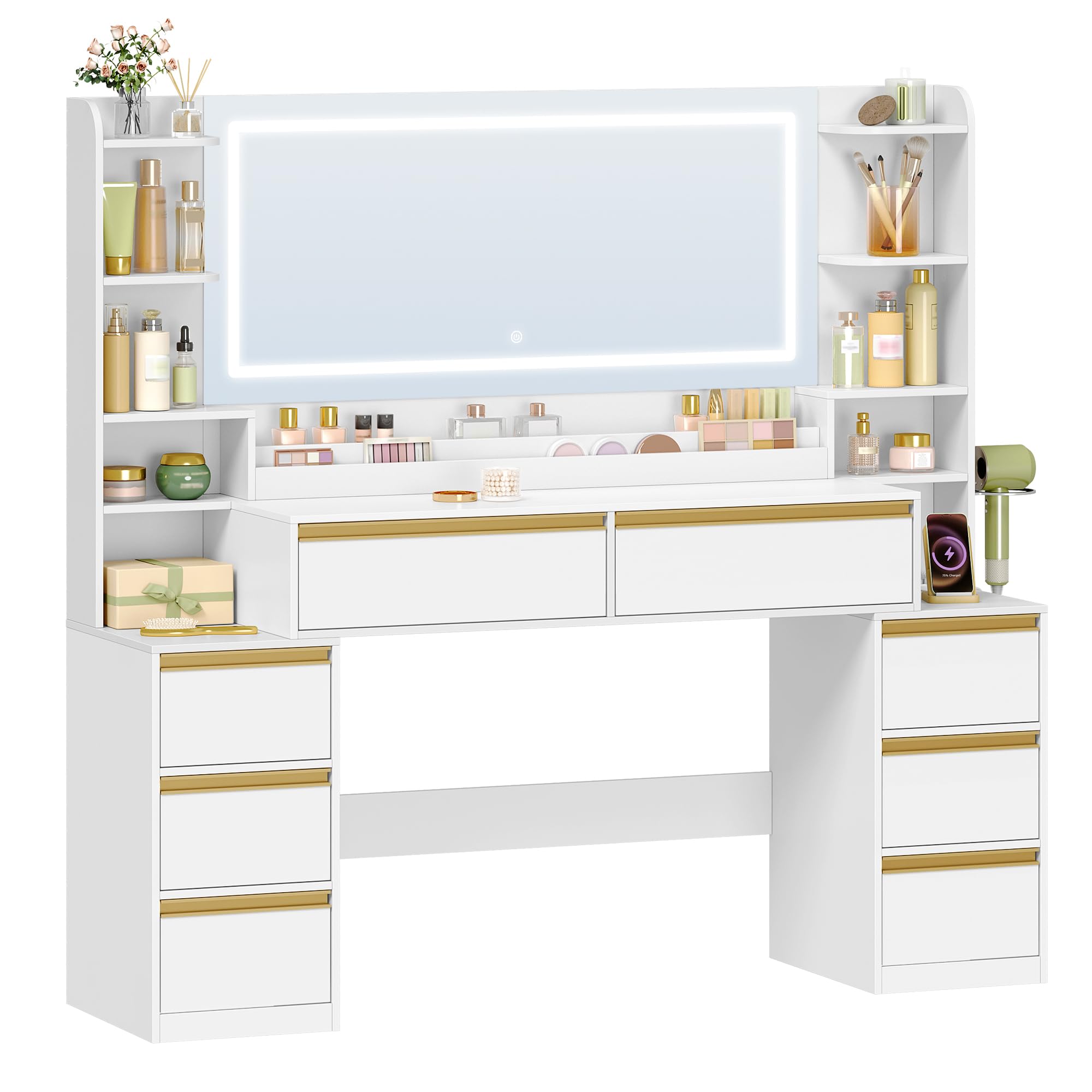 HEXCELEN Schminktisch mit Großer Spiegel, Frisiertisch und Haartrocknerhalter, 8 Schubladen, Offenen Fächern, 40 x 149 x 140 cm, Moderne Weiß-Gold Schminktisch