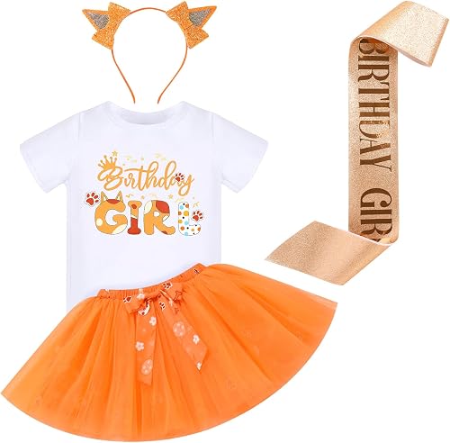 OBEEII Birthday Girl Outfit T-shirt + Ears Headband + Tutu Skirt + Satin Sash 4 
