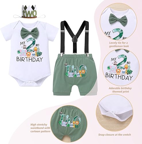 Miniatura 7 de IBTOM CASTLE Traje de 1er cumpleaños para bebé niño, mameluco de animales del bosque de la selva, bombachos y tirantes, 3 piezas, ropa para