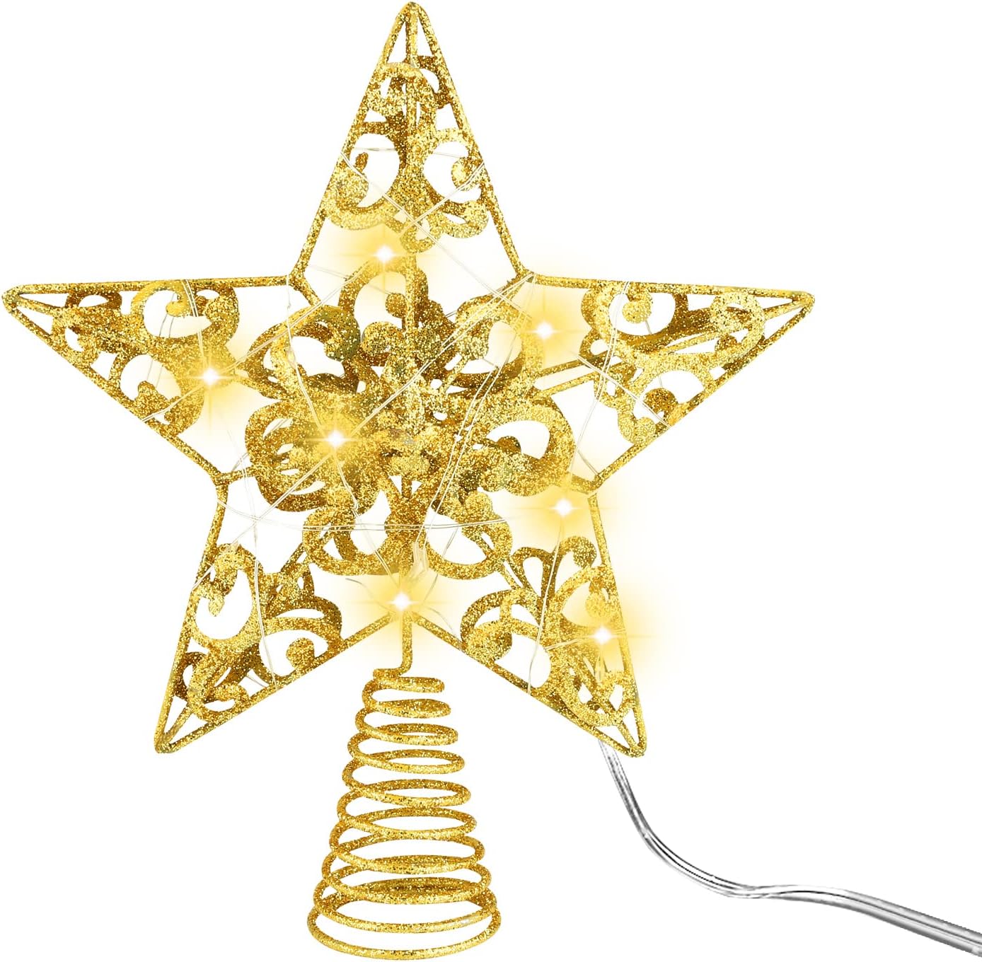 MCEAST Glittered Christmas Tree Topper with LED Lights 10 Inches Light Up Star Treetop for Indoor Outdoor Christmas Tree Decoration, Gold
