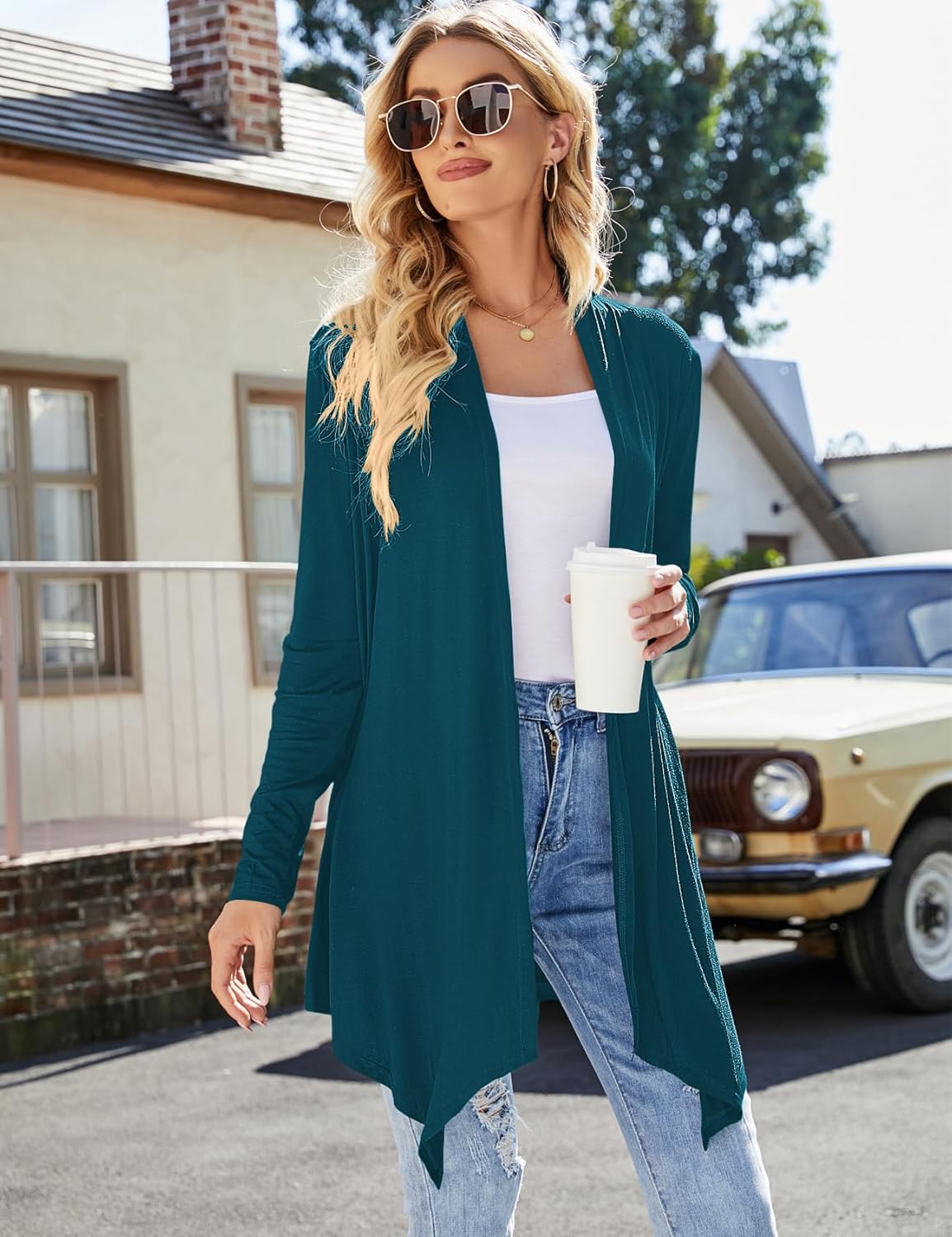 Uvog Women's Draped Front Open Cardigan Casual Long Sleeve Lightweight Cardigans Sweaters Duster - Image 4