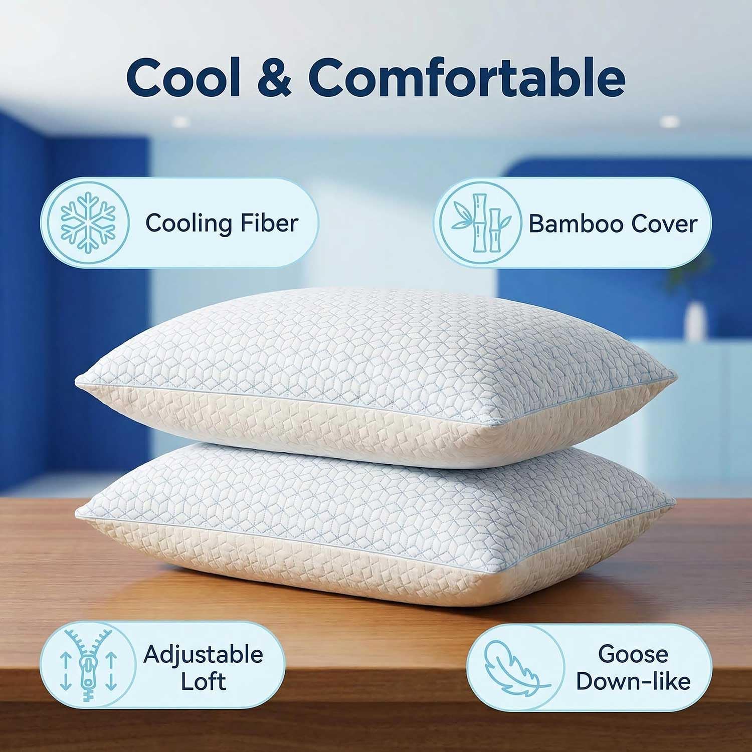 Faux-Goose Down Pillows Standard/Queen Size Set of 2, Cooling Soft Fluffy Pillows with Zippered Removable Cover(Rayon Drived from Bamboo Fabric) for Side Back Stomach Sleepers - 5