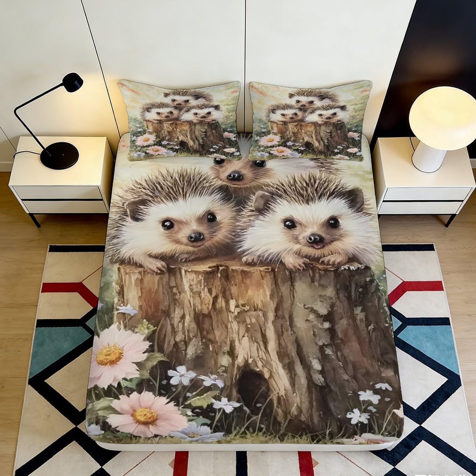 3D Printed Cute Hedgehogs Fitted Sheet Microfiber Soft Breathable Woodland Animals Bed Cover for Bedroom Dormitory Guest Room Mattress Protection 120x200x25cm