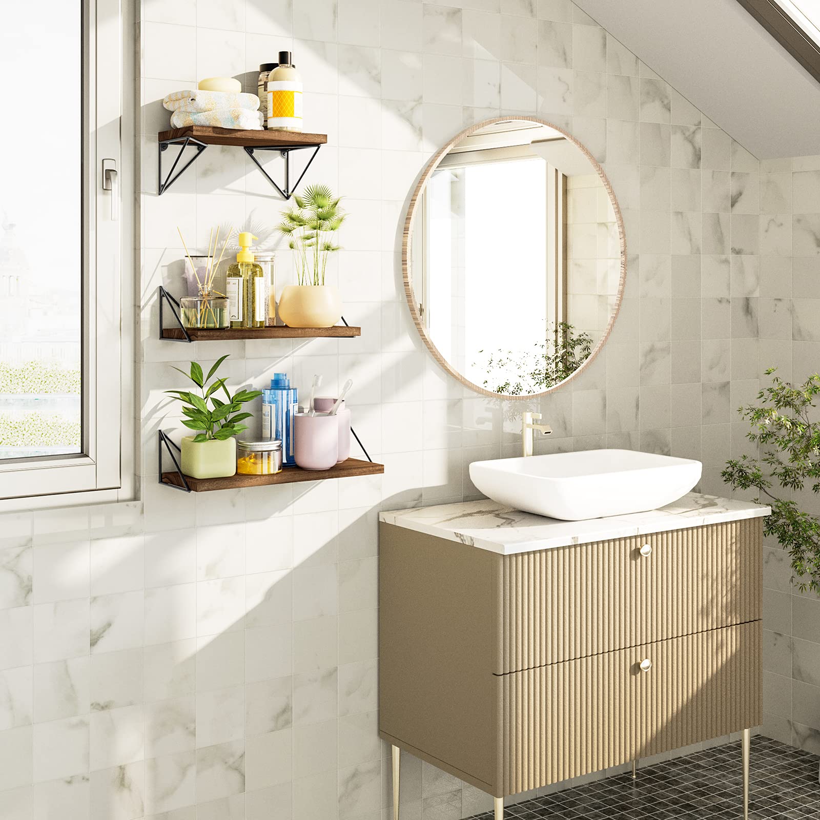 SRIWATANA Floating Shelves Wall Mounted, Rustic Wall Shelves for Bedroom, Bathroom, Living Room, Kitchen Set of 3(Light Walnut)?Ǫ