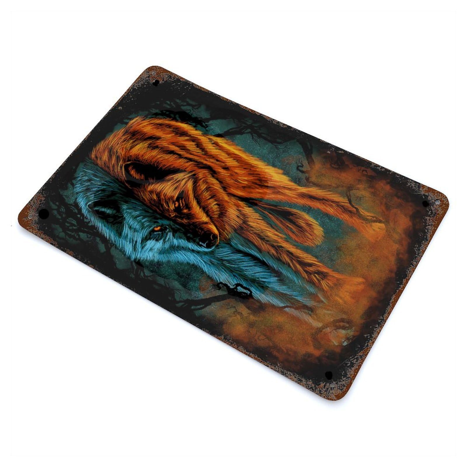 Fire And Ice Wolf Vintage Wall Sign 11.8"x7.9", Rust Effect Metal Decor for Farmhouse, Kitchen And Entryway Decor