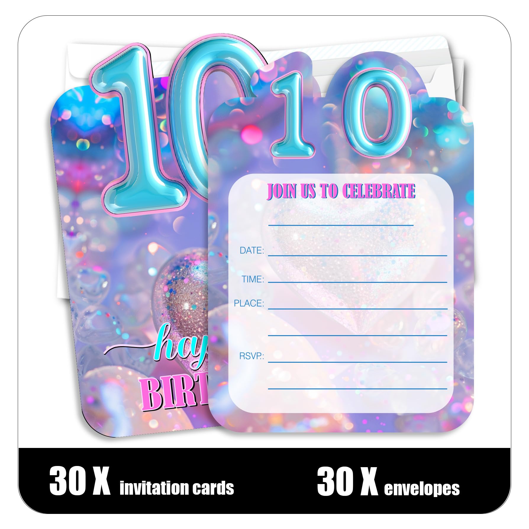 Putocopic 10th Blue Balloon Birthday Invitations for Girls, Tenth Birthday Party Fill In Invitations with Envelopes, 30Pcs, 5x7 Inches