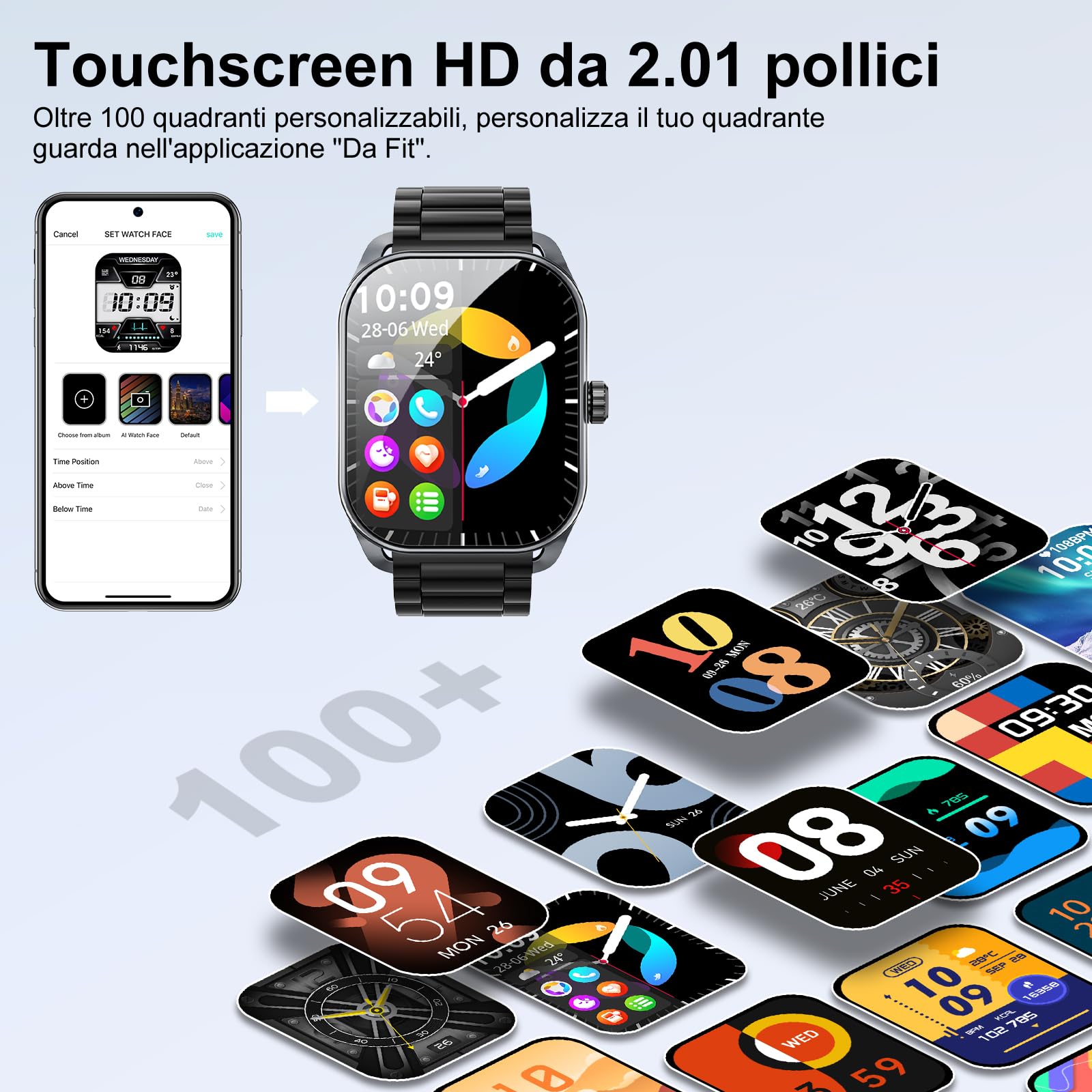 Smartwatch Uomo Donna, fitness tracker da 2,01” con 120+ modalità sportive Monitor della frequenza cardiaca e del sonno e dell'ossigeno nel sangue, orologio fitness impermeabile IP68 per Android iOS