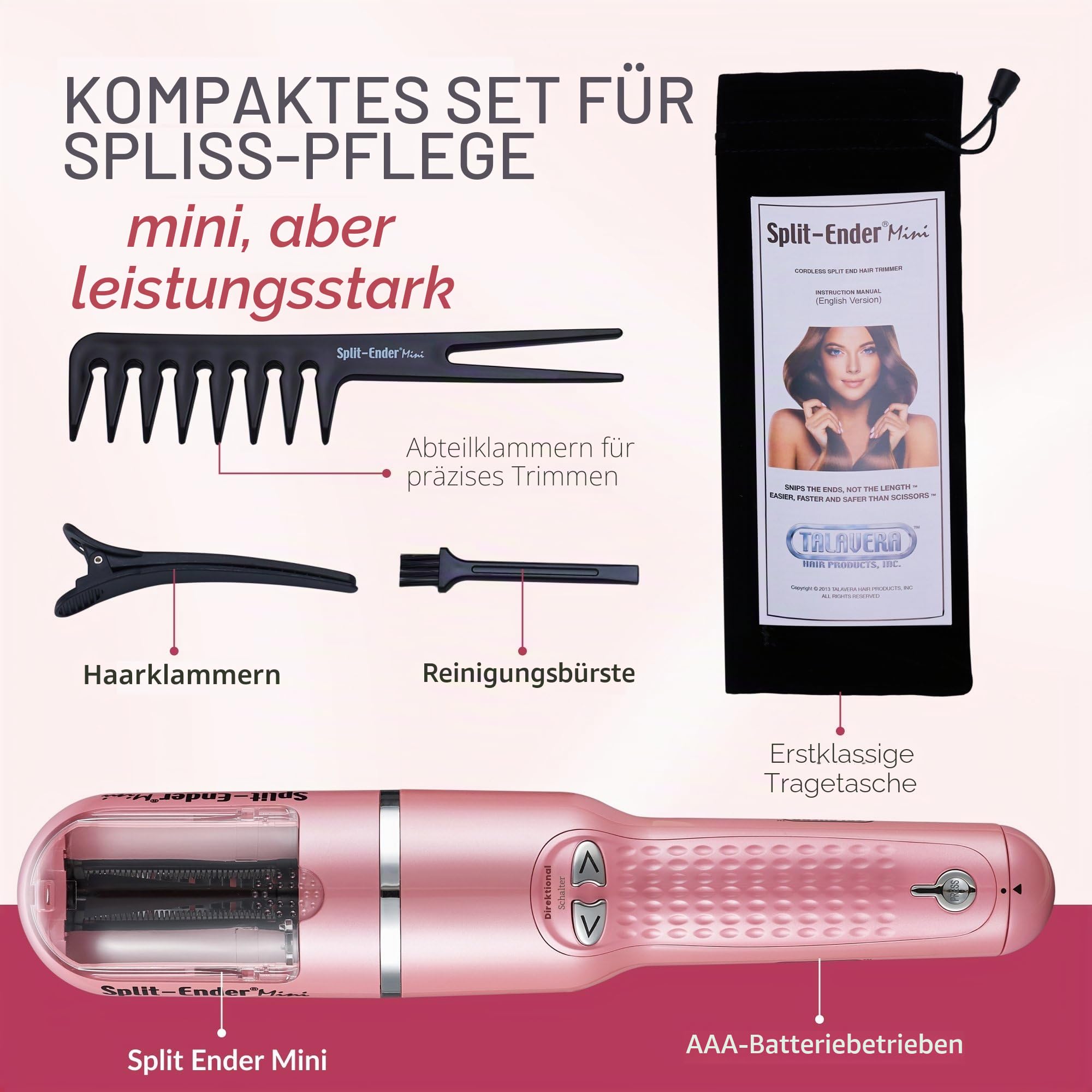 Split Ender Mini - Haarschneider für gespaltene Spitzen | Für trockenes, strapaziertes, brüchiges, glattes, lockiges und krauses Haar | Haarpflege- und Schönheitsstyling-Werkzeuge - Hellrosa