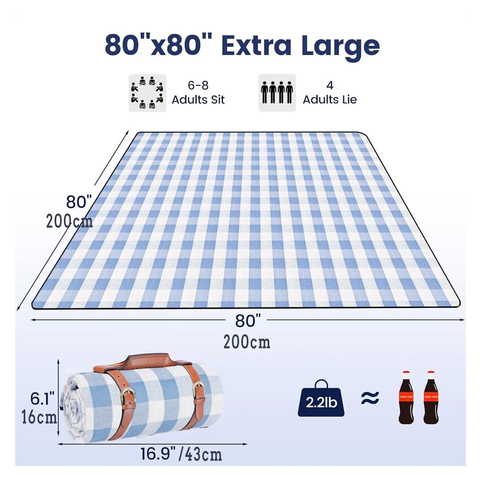1 szt. Bardzo duży wodoodporny składany piknikowy koc plażowy(Blue White Grids,200cm X 200cm)