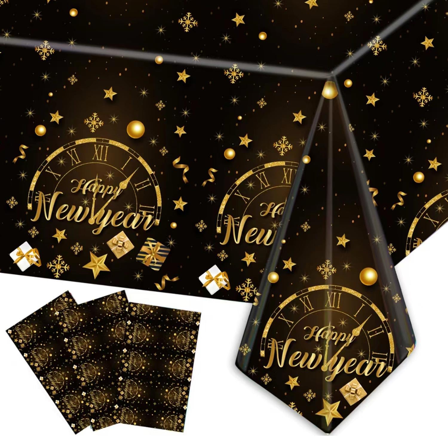KALOR Happy New Year Decorations 2026 Tablecloths, 3 Pack 108 x 54 Inch Black and Gold Disposable Plastic Tablecovers for New Years Eve Party Supplies
